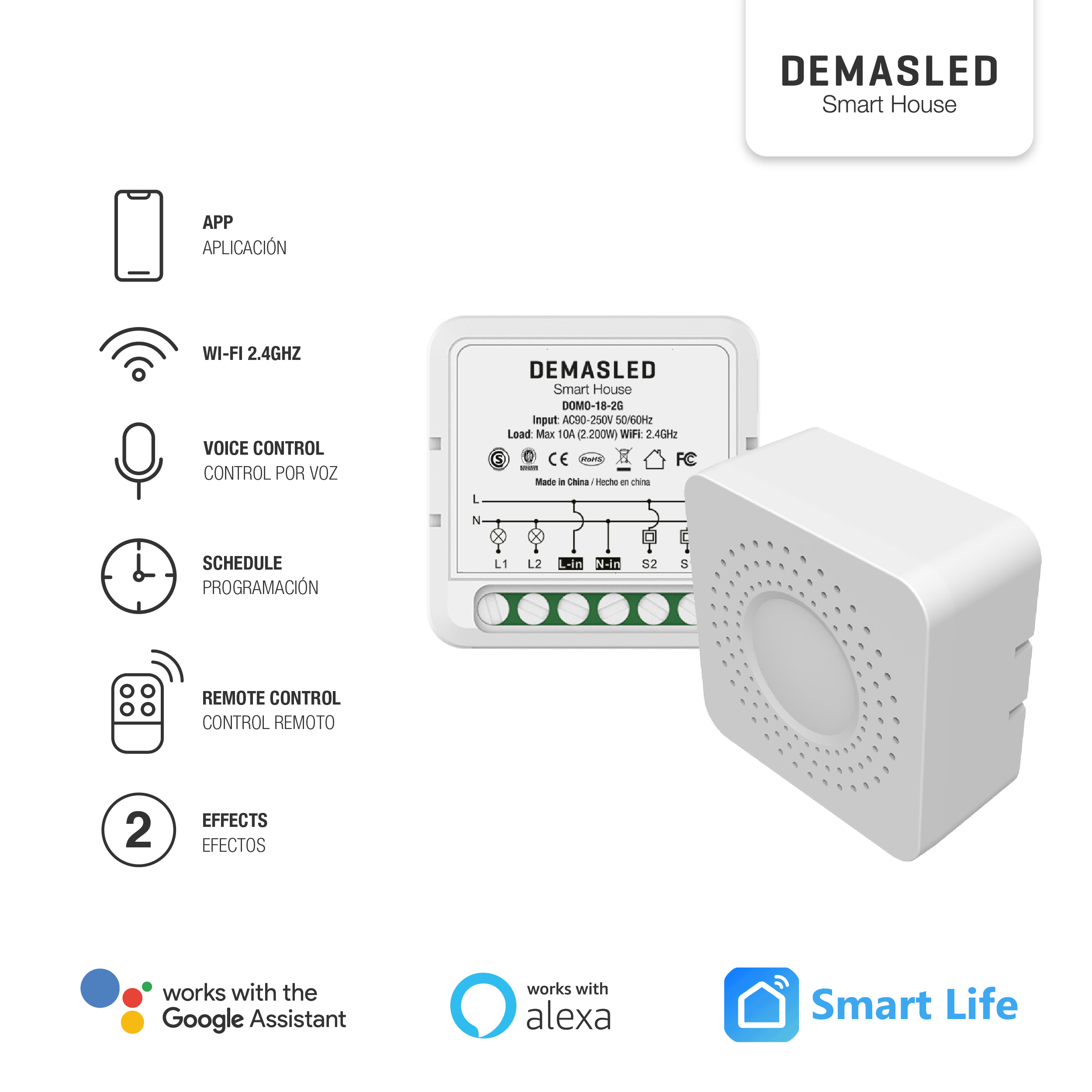 Mini Smart Switch WiFi+RF 2 Canales, 100-240Vac 50-60Hz 10A max 2.4GHz