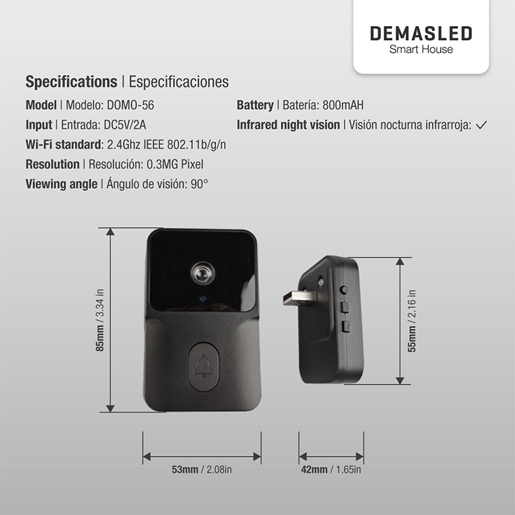 Timbre de Puerta Smart con Cámara 480p, 800mAH