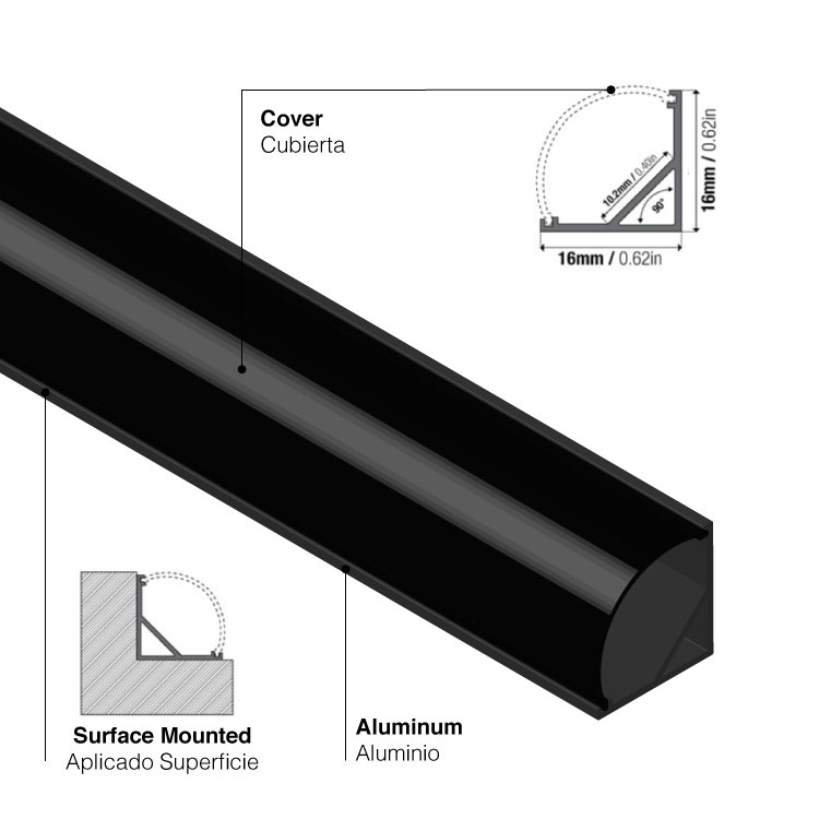 Perfil de Aluminio Esquinero 16x16mm Negro, Cover Curvo Opal Negro x2m