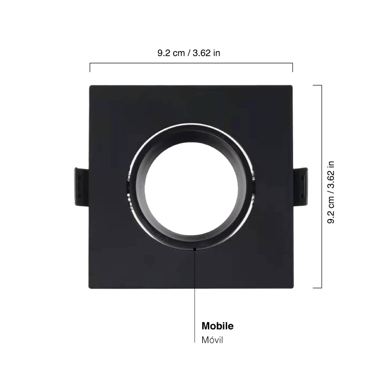 Spot Plástico Móvil Negro 9.2x9.2cm Corte 7.5cm para Dicroica GU10