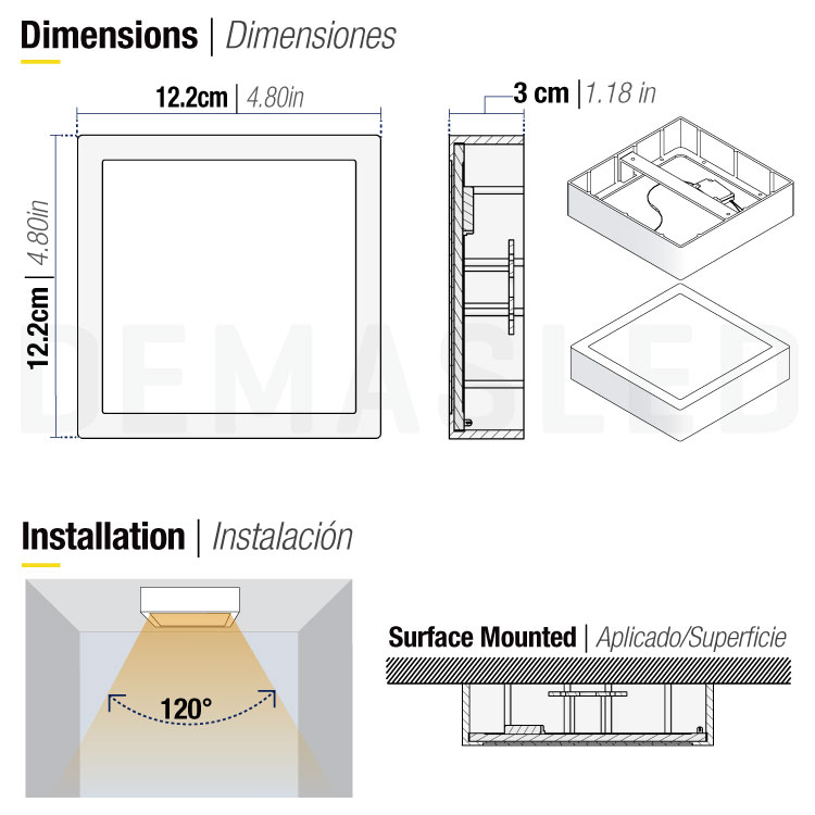 Plafón LED Cuadrado de 12x12cm 6W 390lm Blanco Cálido, De Aplicar