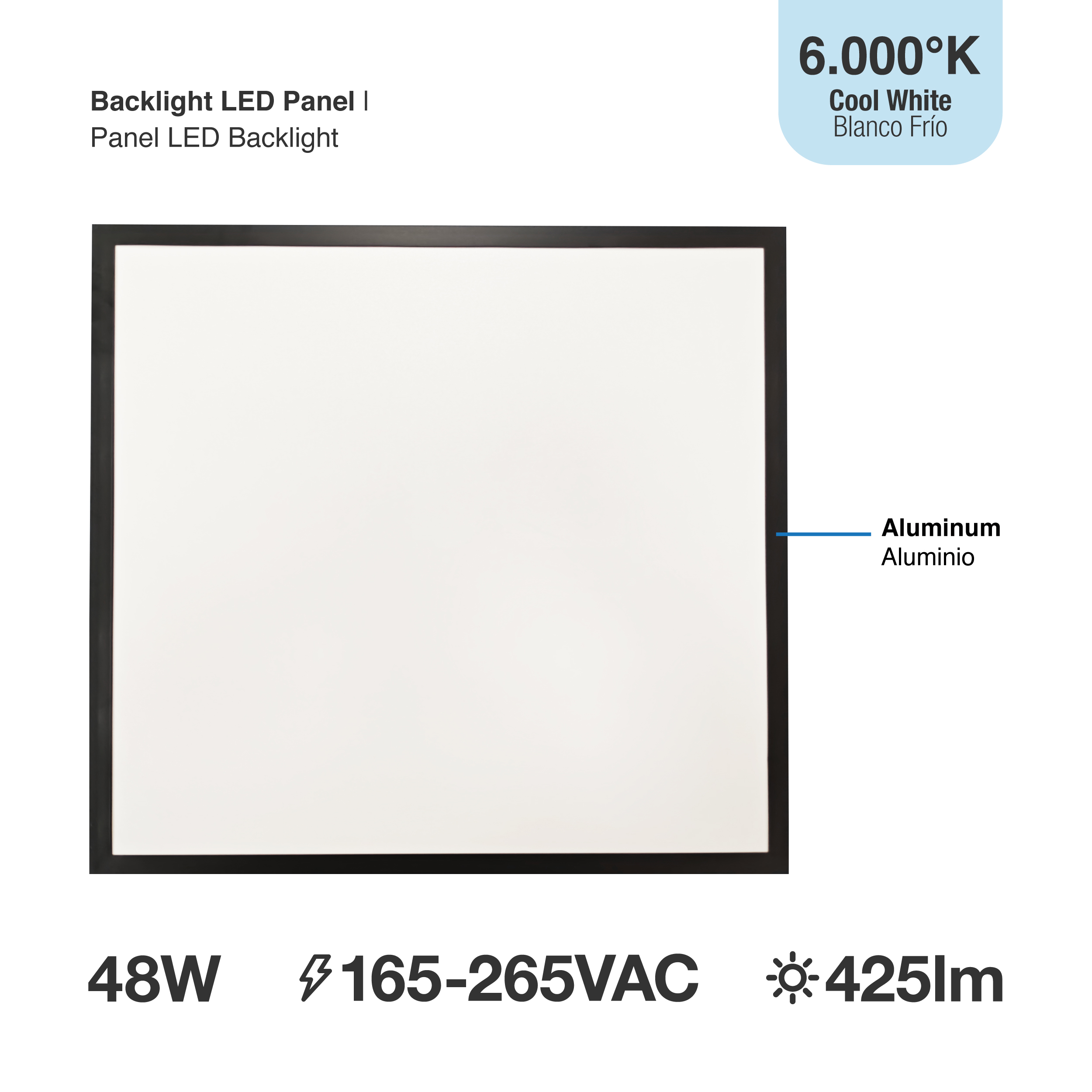 Panel LED BACKLIGHT Negro 60x60x3,8cm 48W 4800lm Blanco Frío, de aplicar