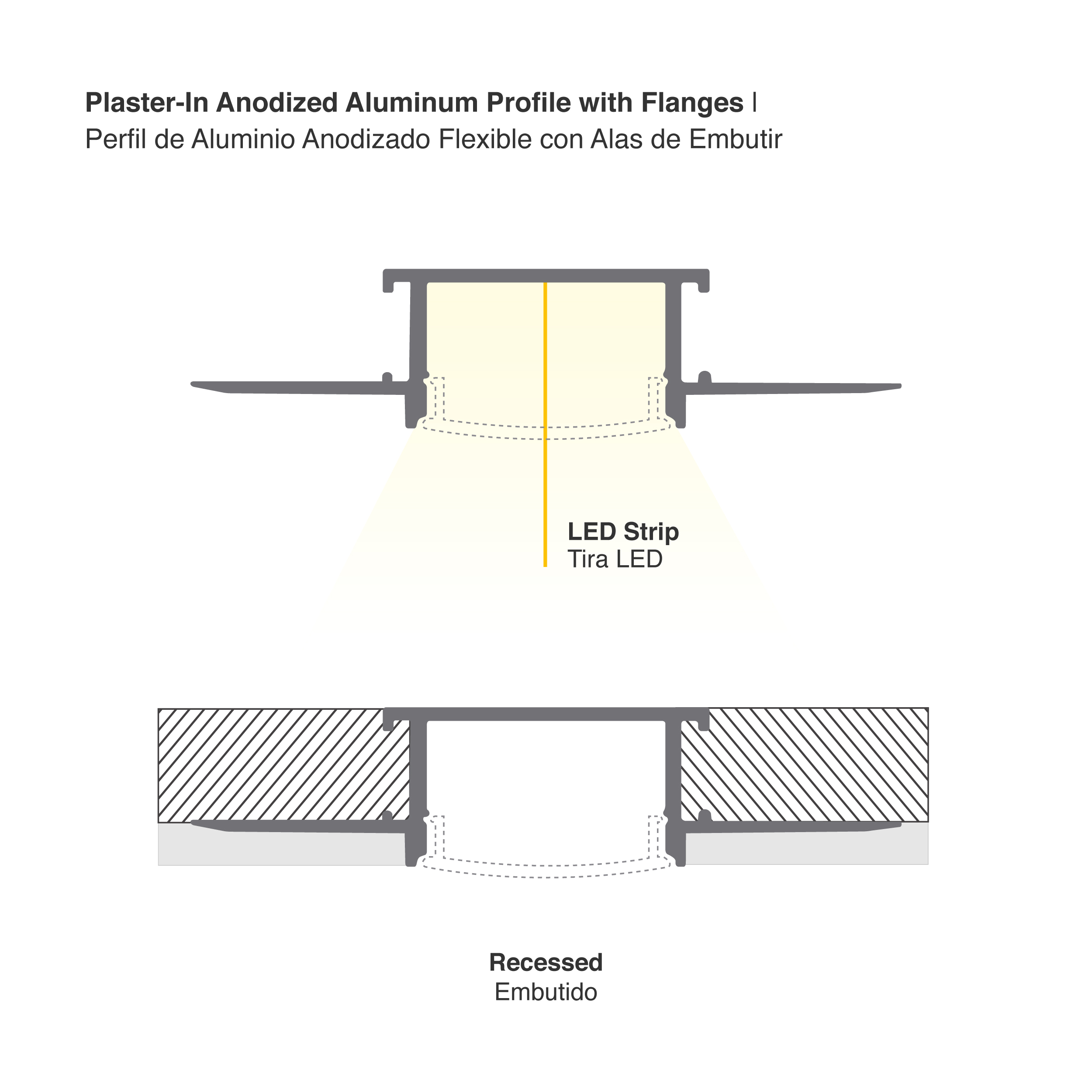 Perfil de Aluminio de Embutir 61x14mm Anodizado, Cover Opal Blanco x2,5m