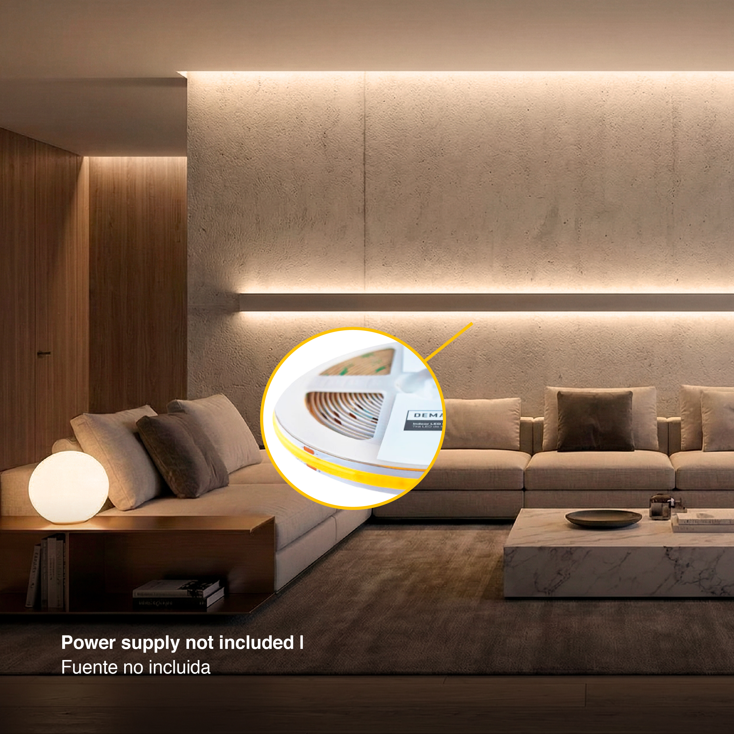 Tira LED COB 12V 11W/m, Blanco Cálido 1000lm/m 480LEDs/m, 8mm, 5m