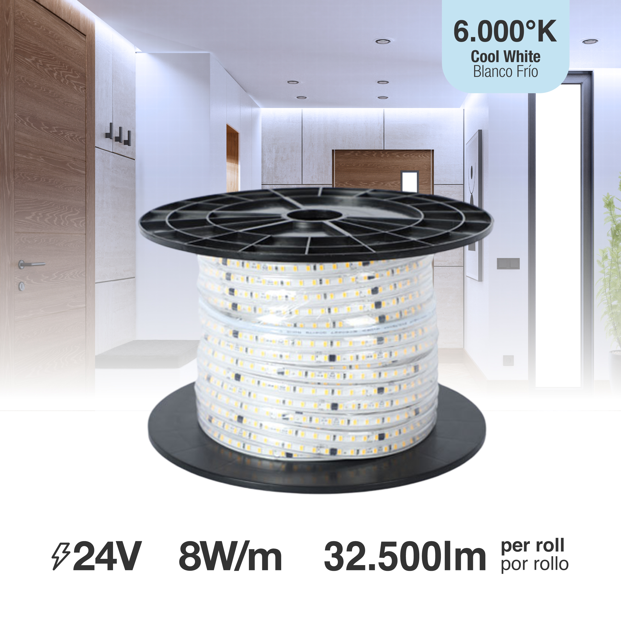Tira Mini LED SMD2835, IP65 220V 8W/m, Frío 650lm/m 120LEDs/m 50m