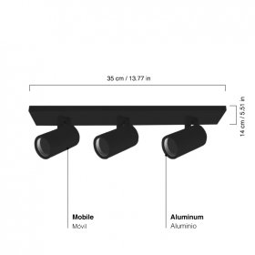 Aplique Móvil Negro Cabezal 35x14cm para 3 Lámparas GU10
