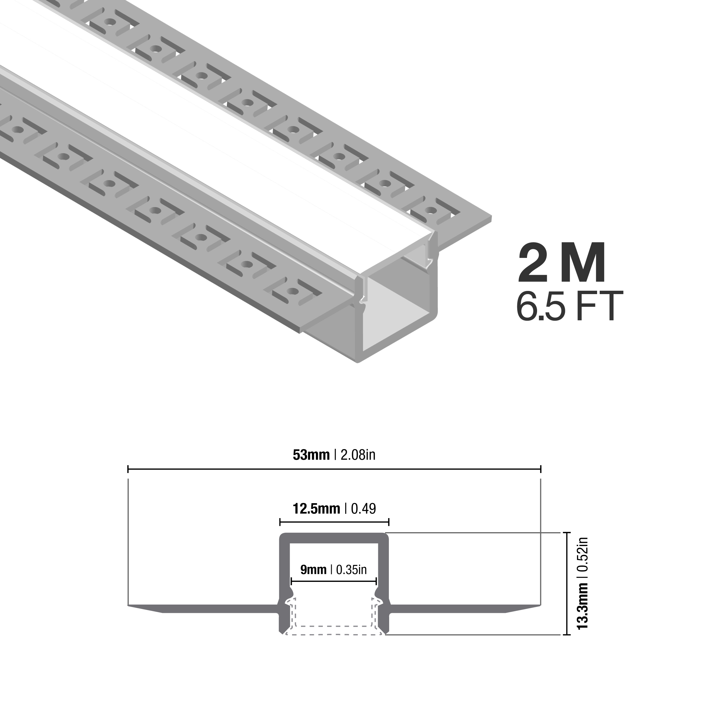 Perfil de Aluminio con Alas de Embutir 53x13,3mm Anodizado, Cover Opal Blanco x2m