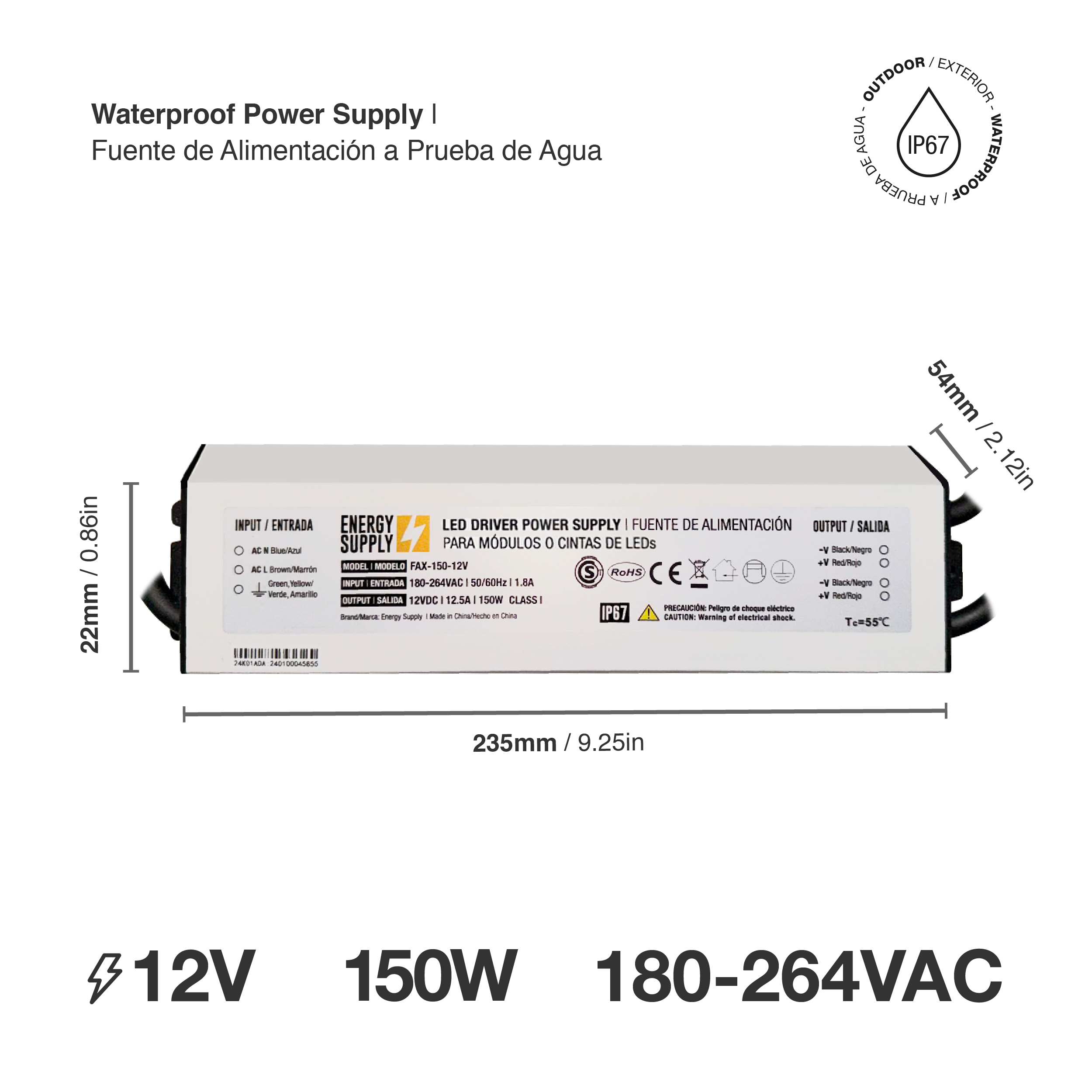 Fuente Switching 12V 12.5A 150W, 180-264VAC Exterior IP67