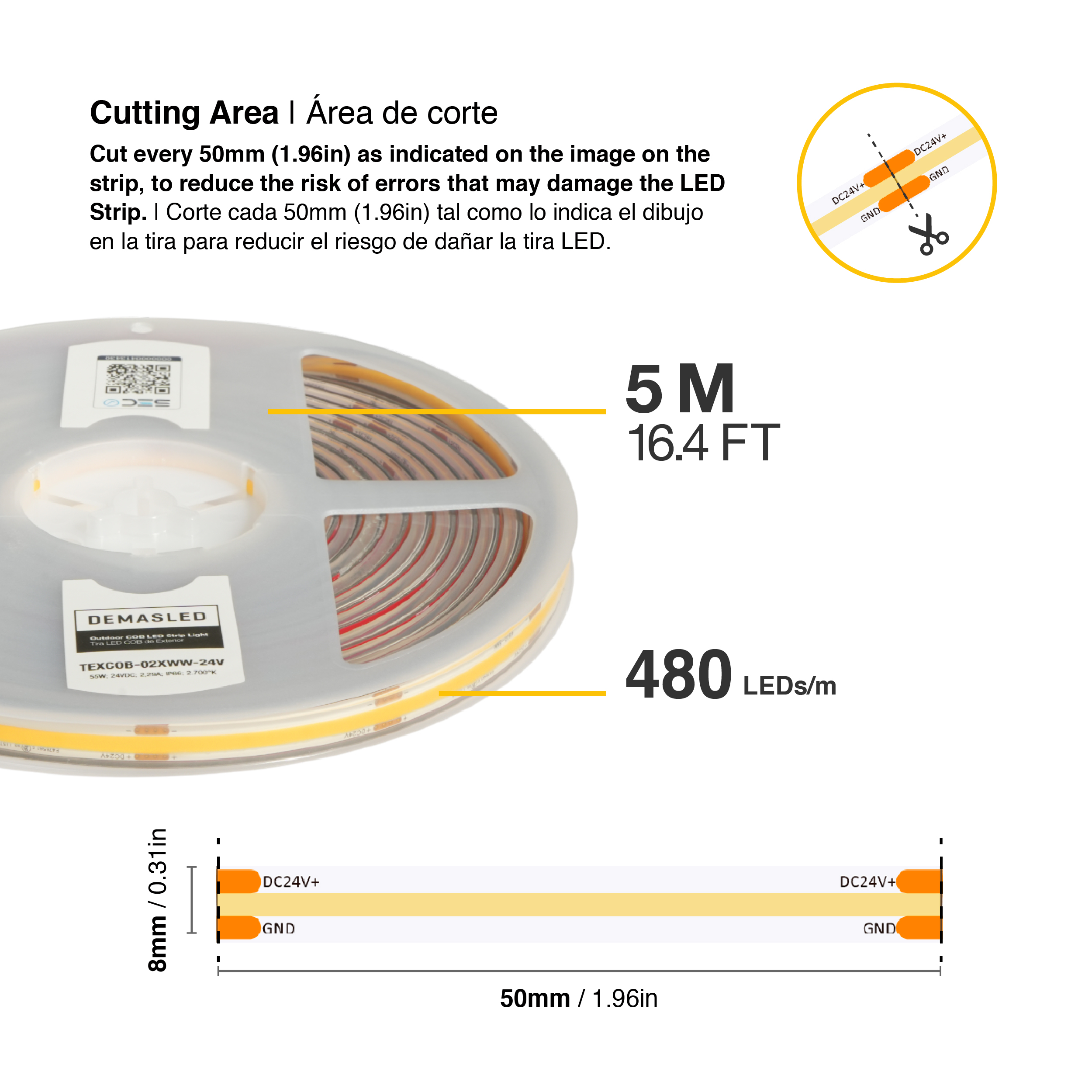 Tira LED COB 24V 11W/m Blanco Cálido 891lm/m 480 LEDs/m 11mm IP68, 5m