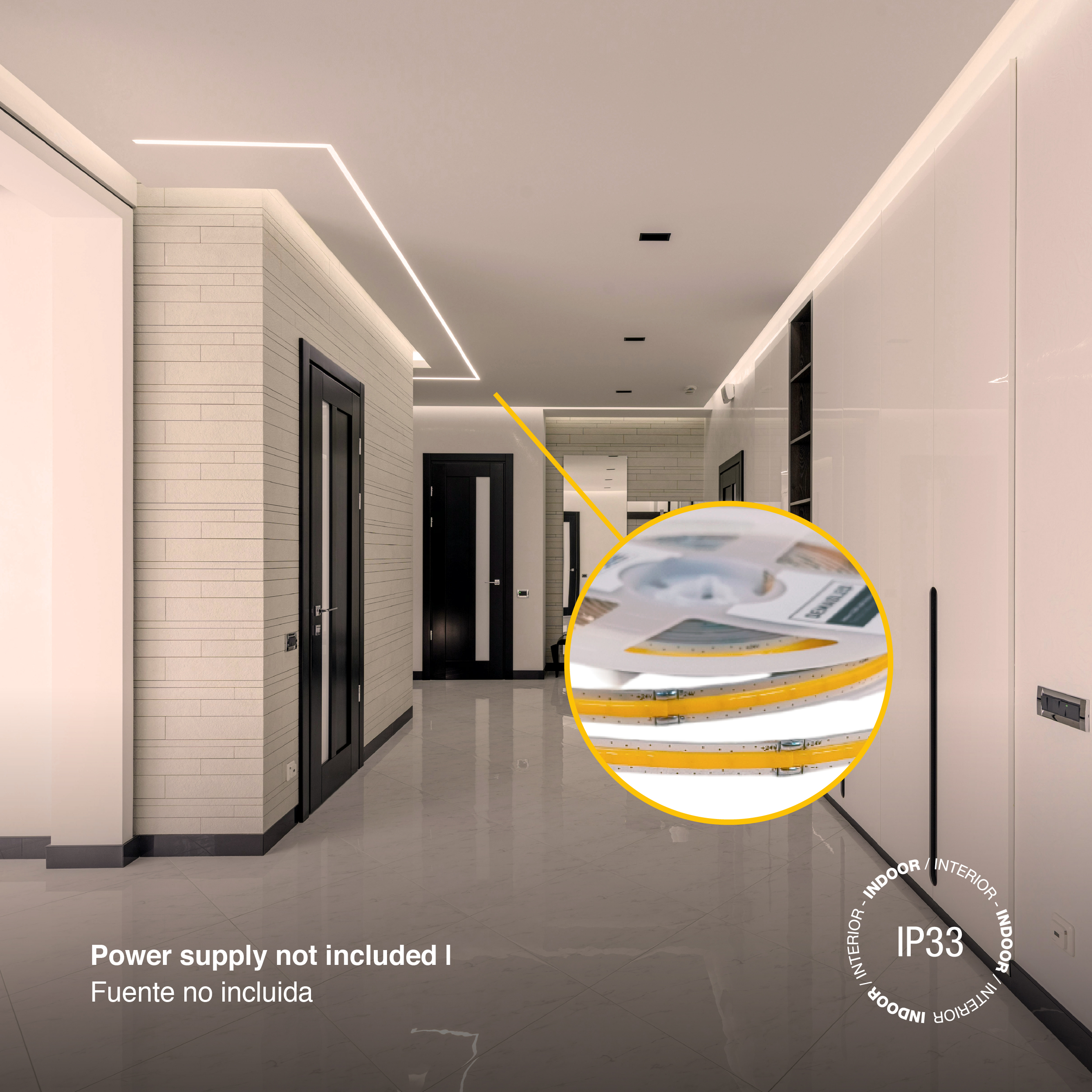 Tira LED COB Freecut 24V 10W/m Blanco Cálido 850lm/m 528LEDs/m, 8mm PCB IP33 x5m