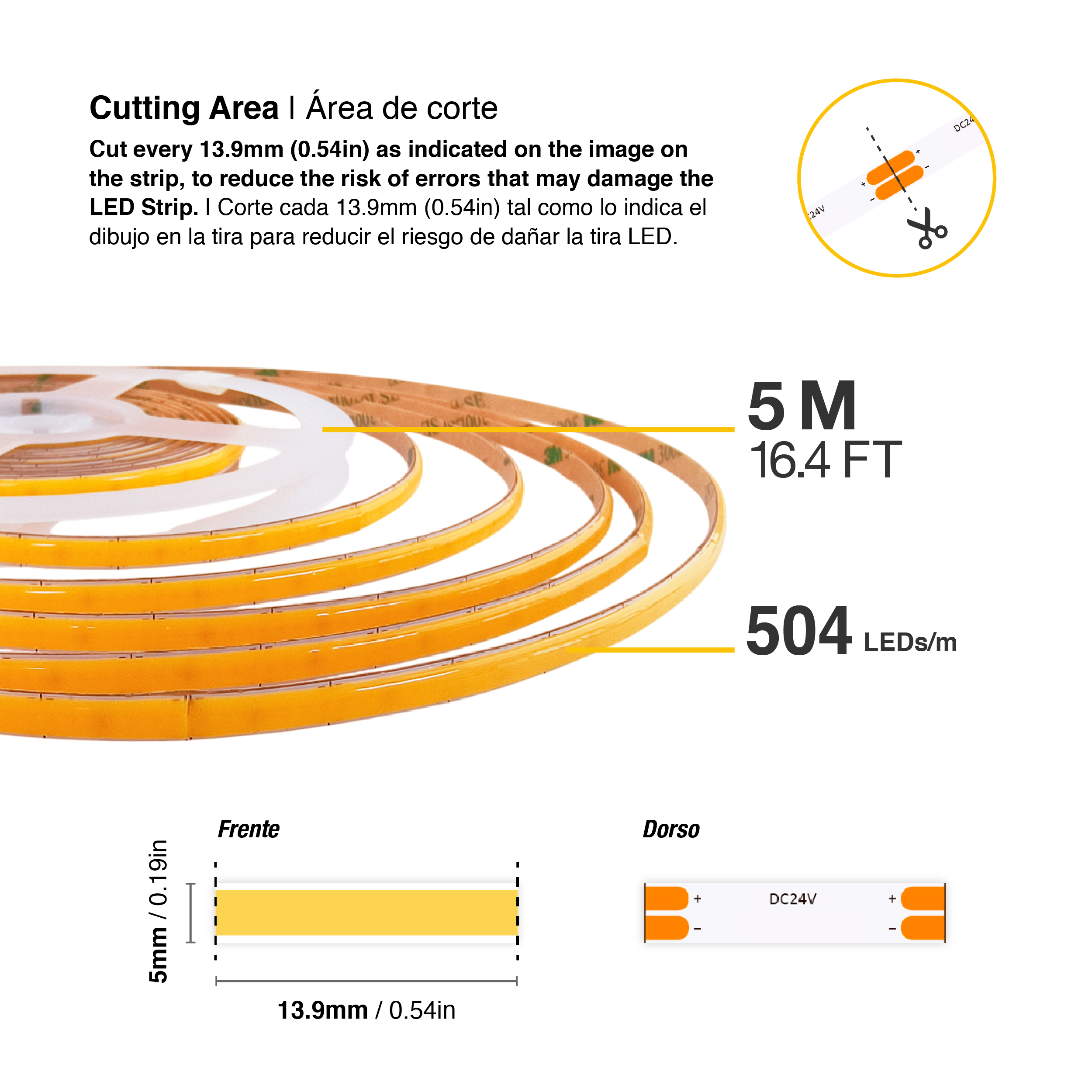 Tira LED COB 24V 8W/m Blanco Cálido 540lm/m 504LEDs/m, 5mm PCB IP33 x5m