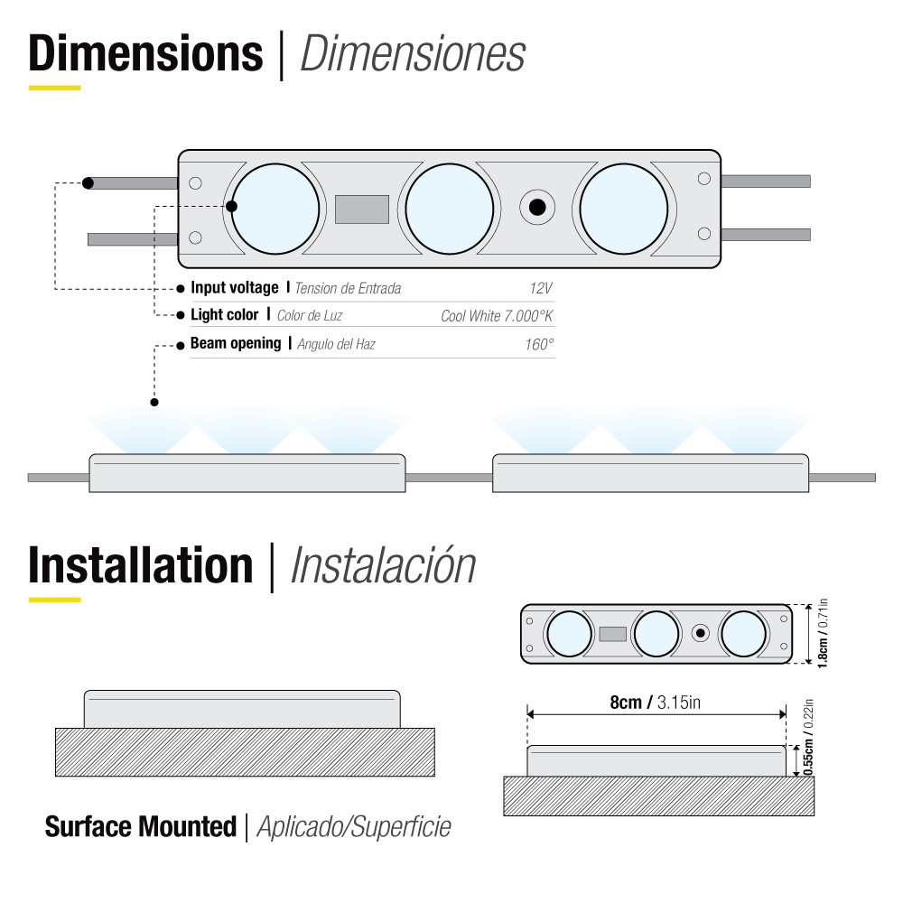 Módulo LED SMD2835, Frío 110Lm 7000K 3LEDs 12V 1.00W Exterior IP65