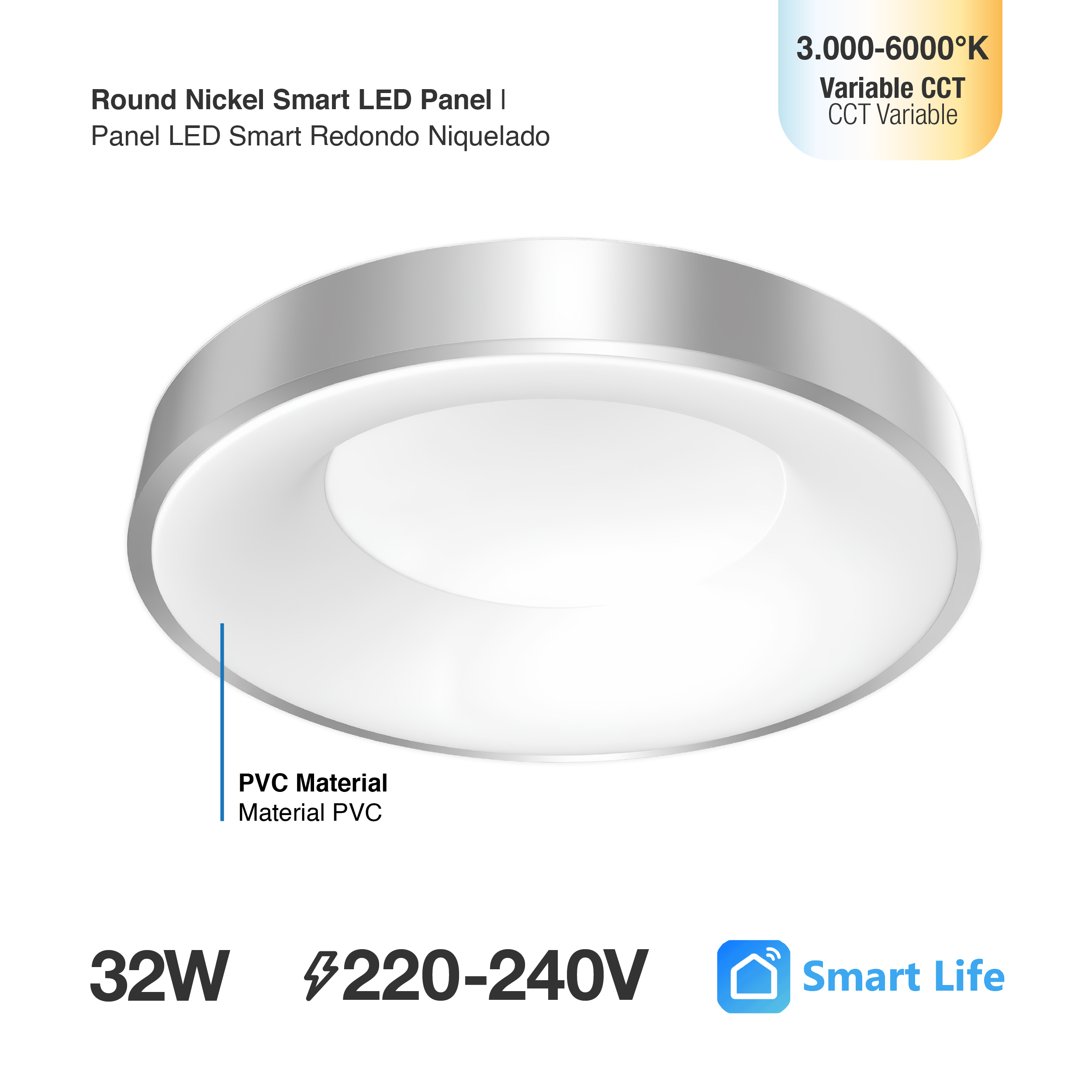 Panel LED Smart Redondo Níquel Ø38,2x9cm 32W 140mA CCT, de Aplicar