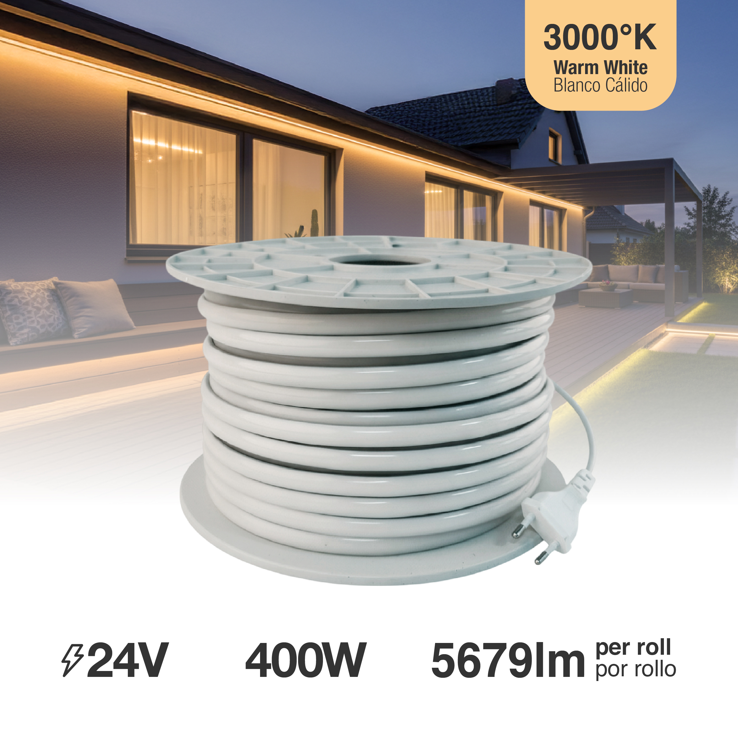 Tira LED COB IP67 220-240V, 400W Blanco Cálido 3000K 560LEDs/m, 50m