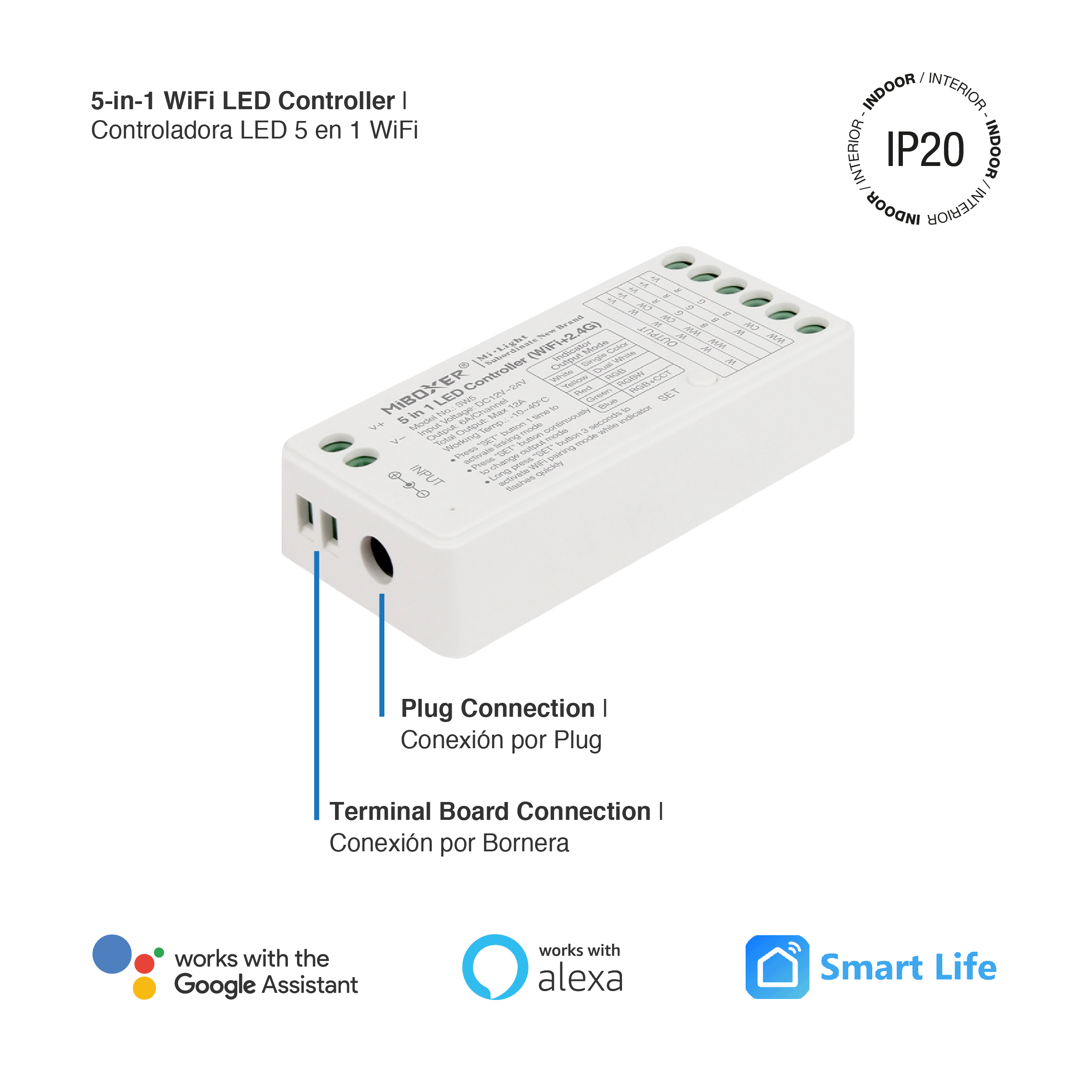 Controlador LED 5 en 1 WiFi 2.4GHz 12A máx. IP20