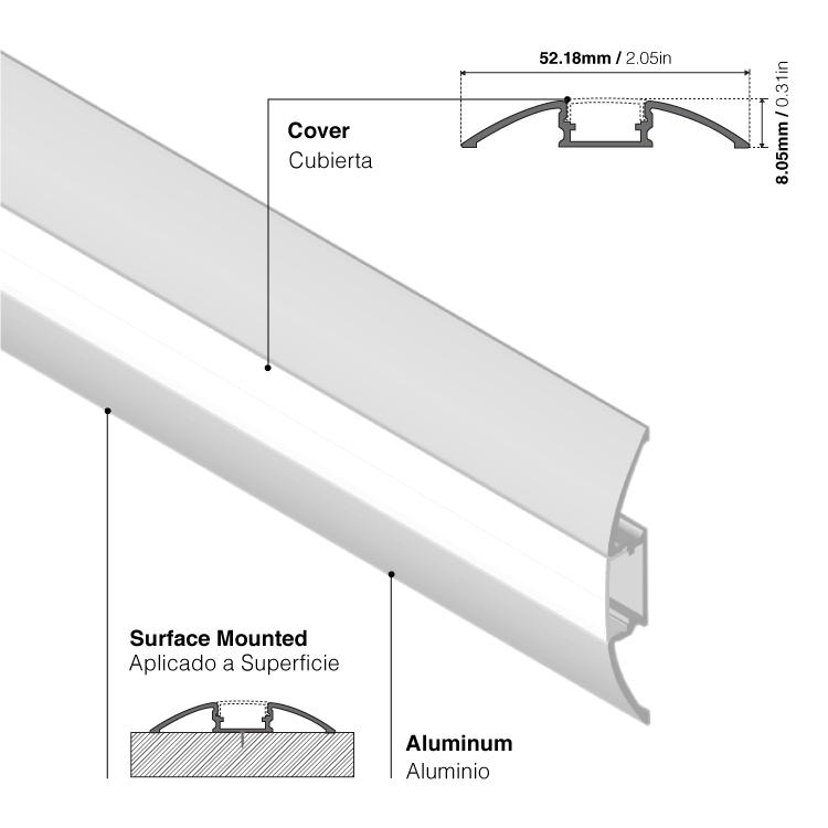 Perfil de Aluminio Curve 52x8mm Anodizado, Cover Opal Blanco x2m