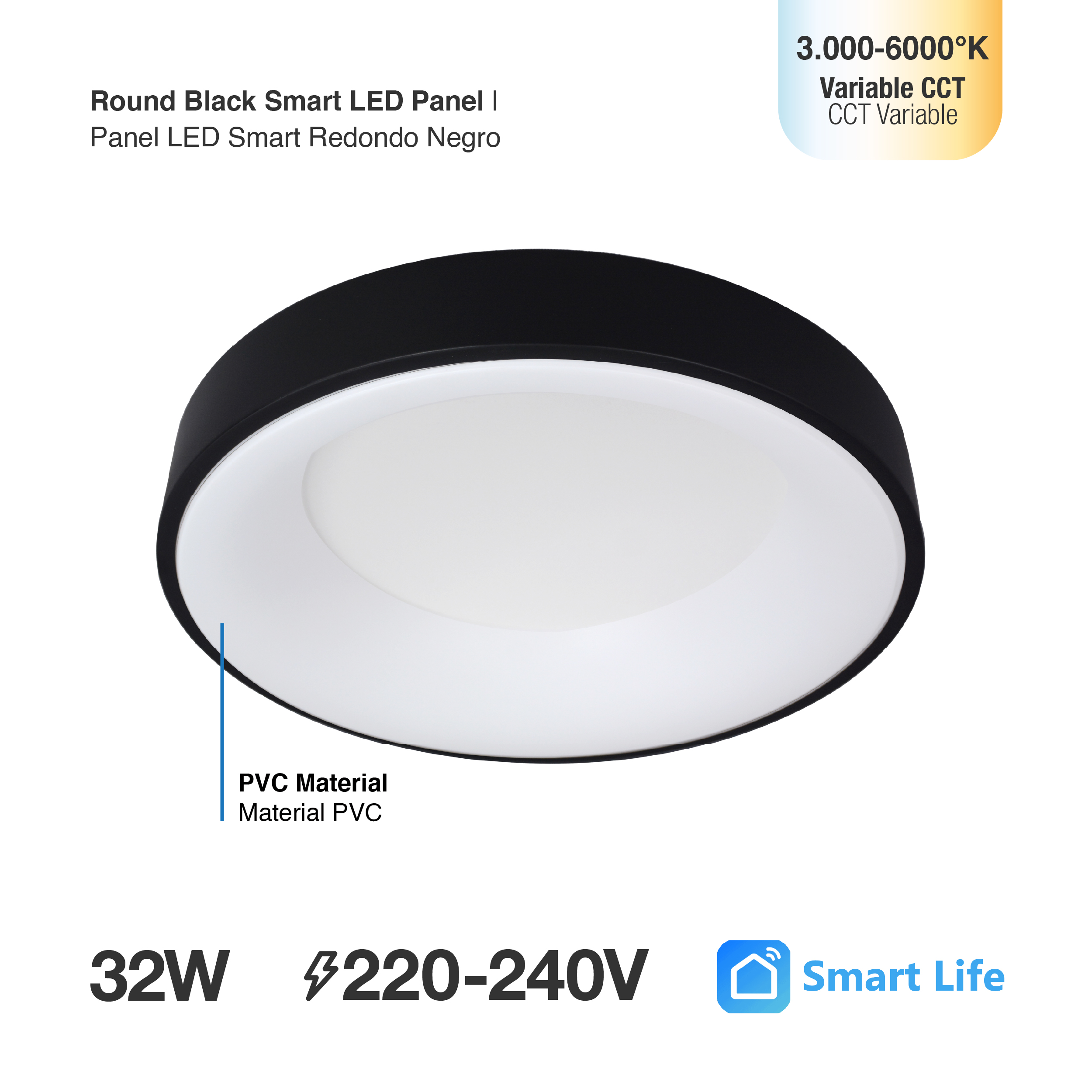 Panel LED Smart Redondo Negro Ø38,2x9cm 32W 140mA CCT, de Aplicar