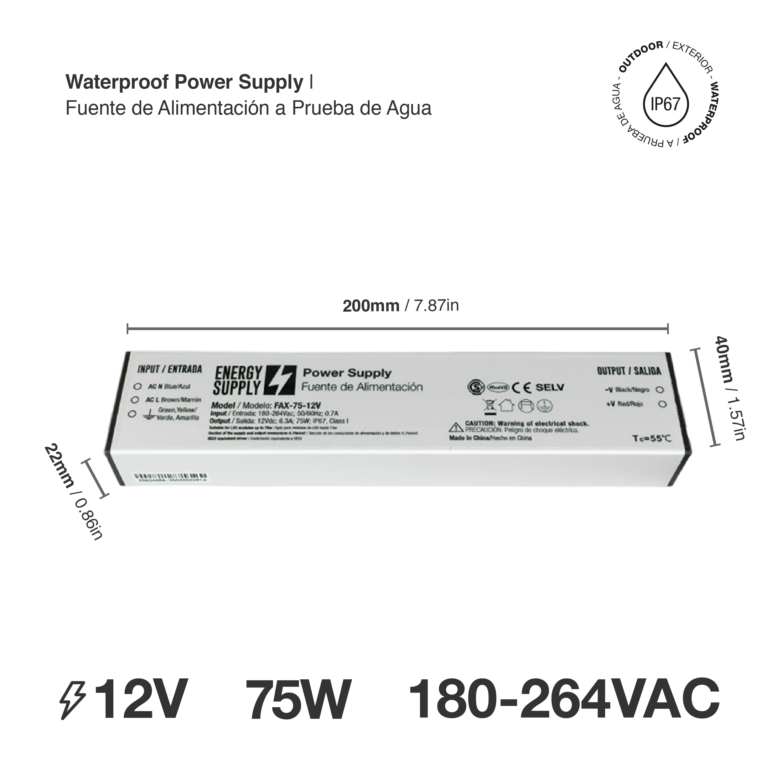 Fuente Switching 12V 6.3A 75W, 180-264VAC Exterior IP67