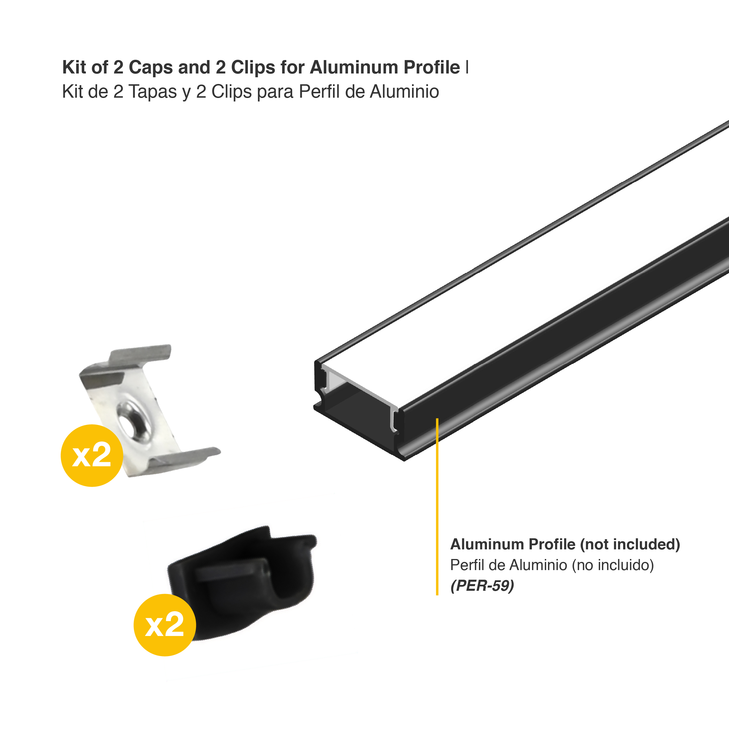 Kit de 2 Tapas y 2 Clips NEGRO. para Perfil de Aluminio , PER-59