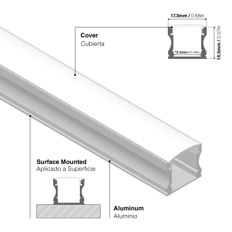 Perfil de Aluminio U Blanco 17x14,5mm, Cover Opal, 2m