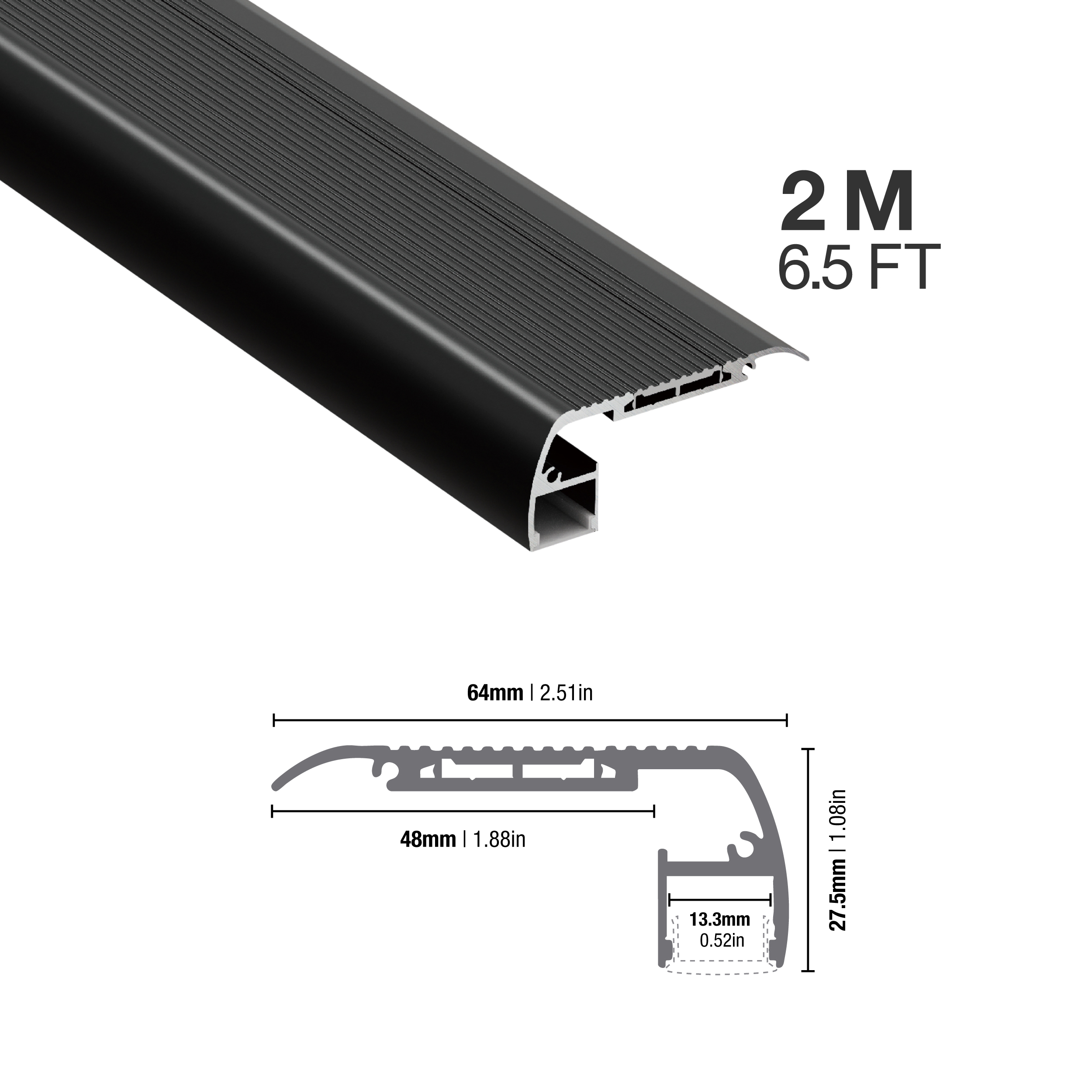 Perfil de Aluminio para Peldaño de Escalera 64x27,5mm Negro, Cover Opal Blanco x2m