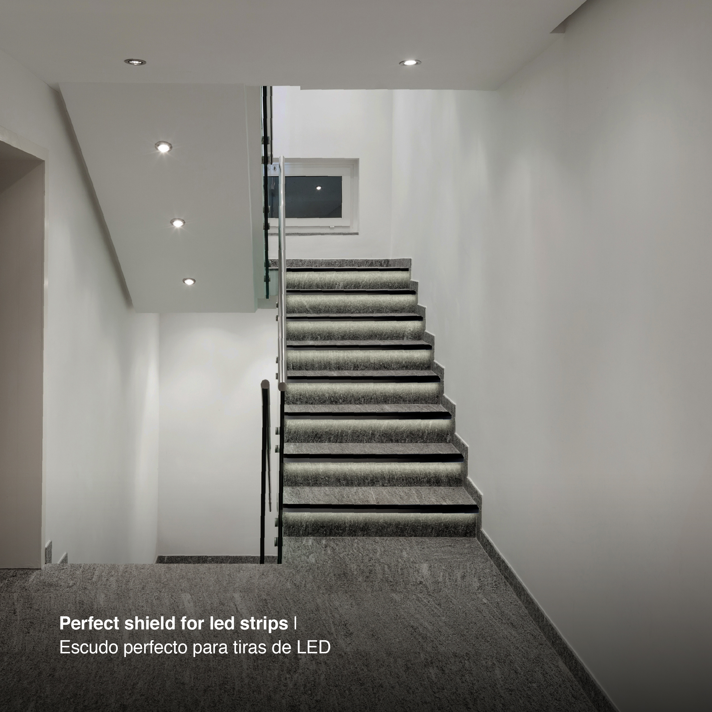 Perfil de Aluminio para Peldaño de Escalera 64x27,5mm Negro, Cover Opal Blanco x1m