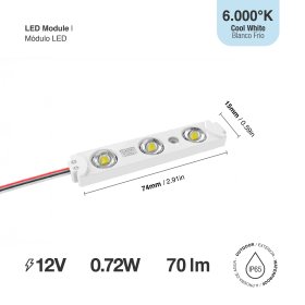 Módulo LED SMD2835, Frío 70Lm 6500K 3 LEDs 12V 0.72W Exterior IP65