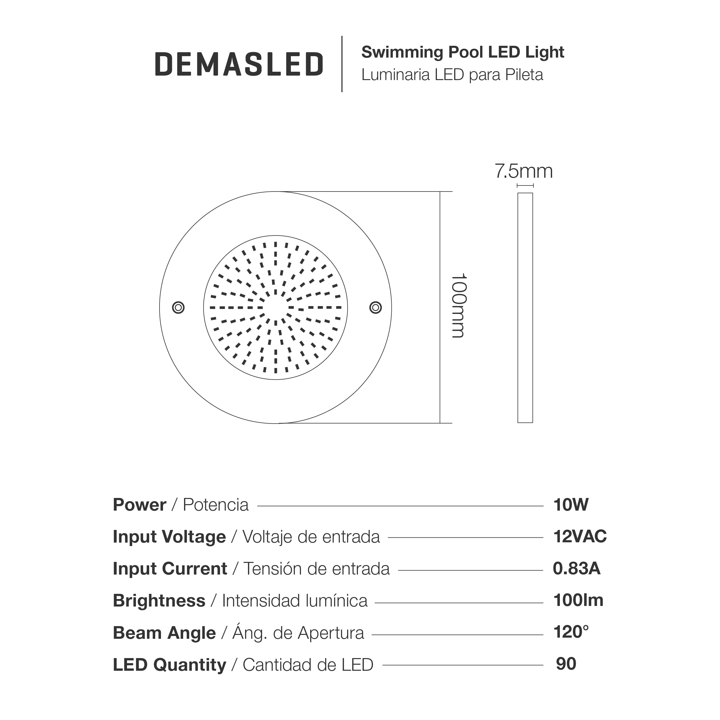 Luminaria para Pileta IP68 ø100mm Blanco Frío 10W