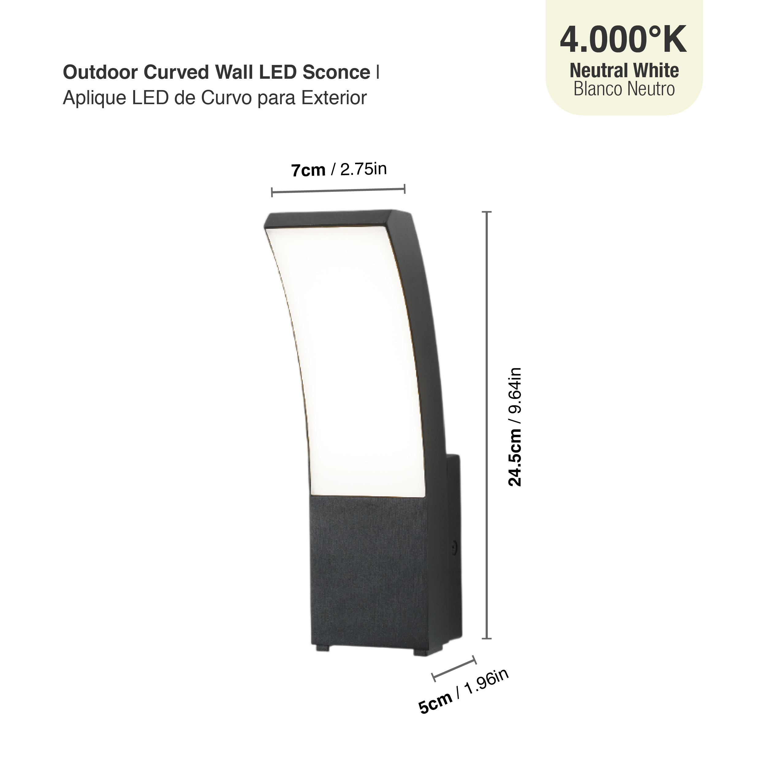 Aplique LED Exterior de Pared Curvo 12W IP65 Negro 24×16cm 220V Blanco Neutro