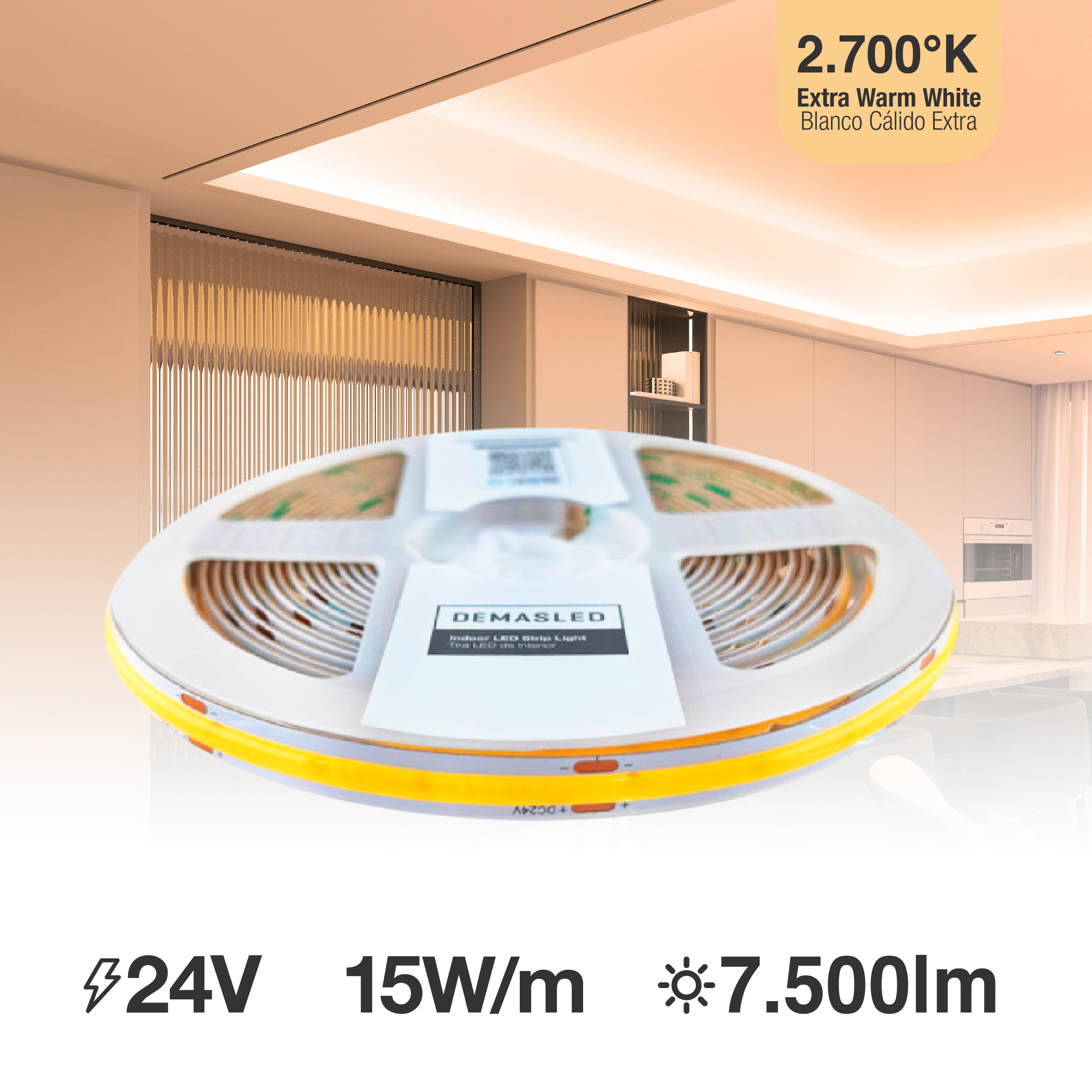 Tira LED COB 24V 15W/m Blanco Cálido 1500lm/m 528 LEDs/m, 10mm PCB IP33 x5m