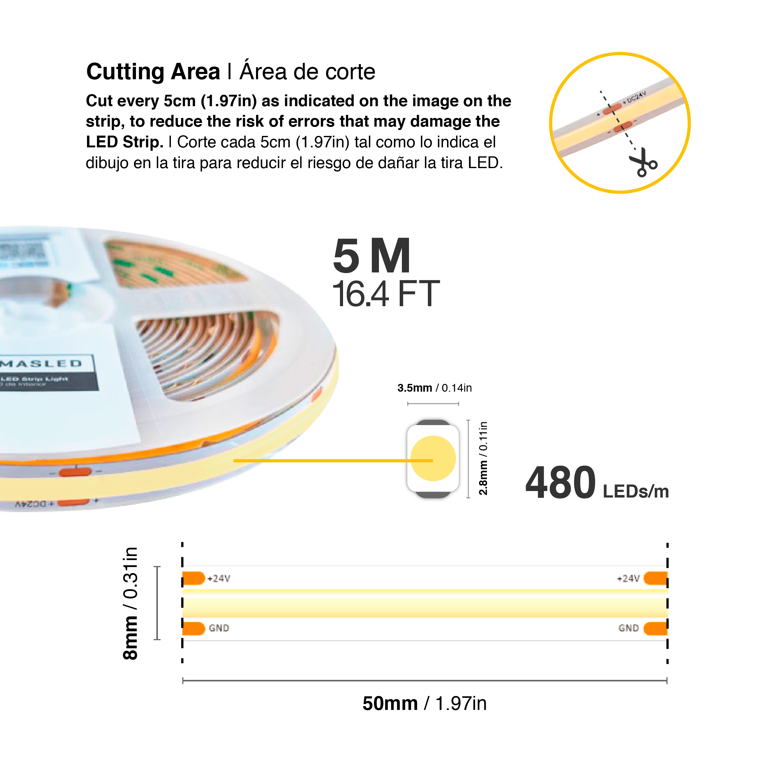 Tira LED COB 24V 11W/m, Blanco Frío 1100lm/m 480LEDs/m, 8mm, 5m