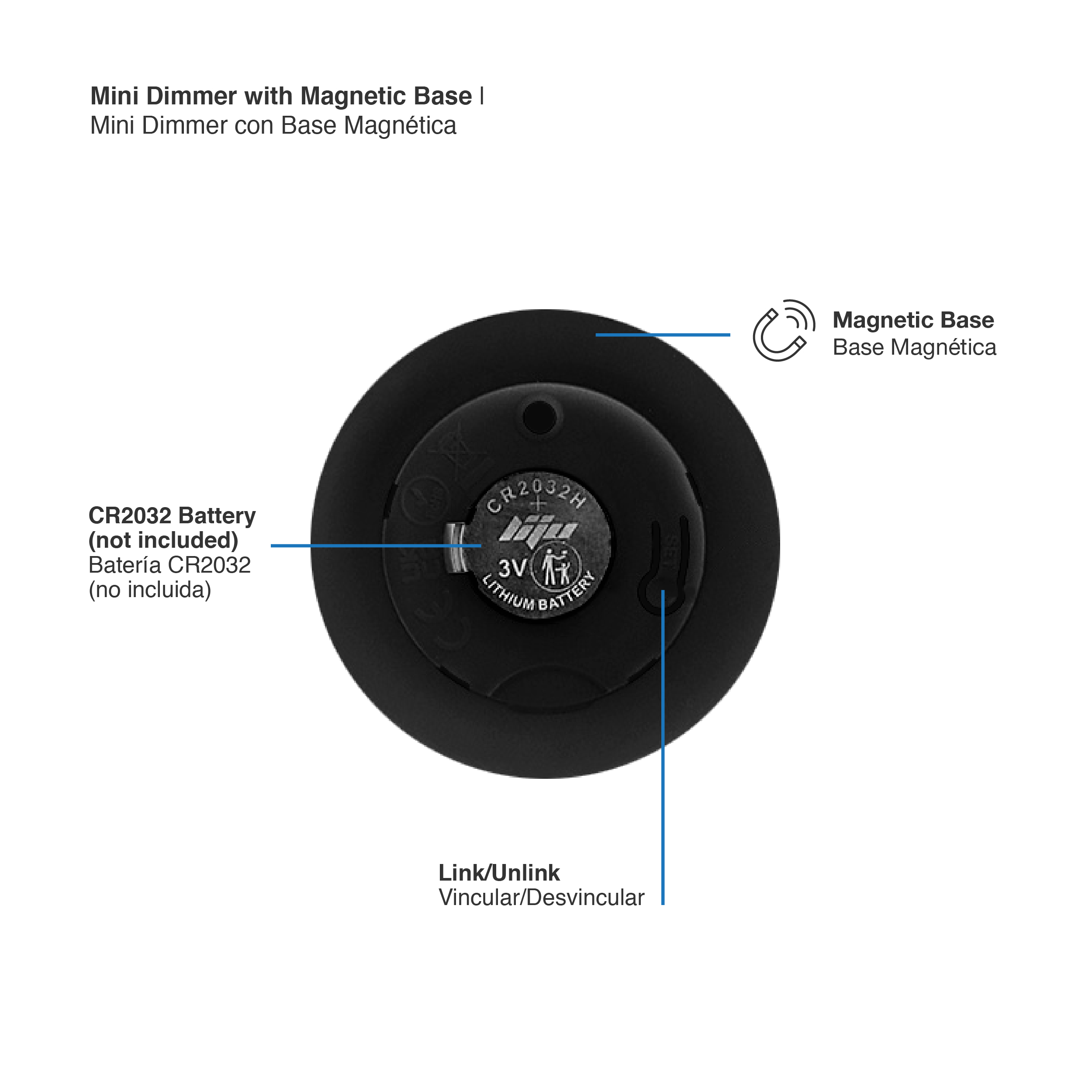 Mini Control Remoto Dimmer con Base Magnética 3V 2.4GHz, Negro