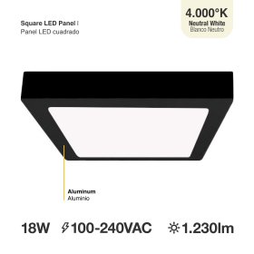 Plafón LED cuadrado negro de 21,3x21,3cm 18W 1230lm Neutro, de aplicar