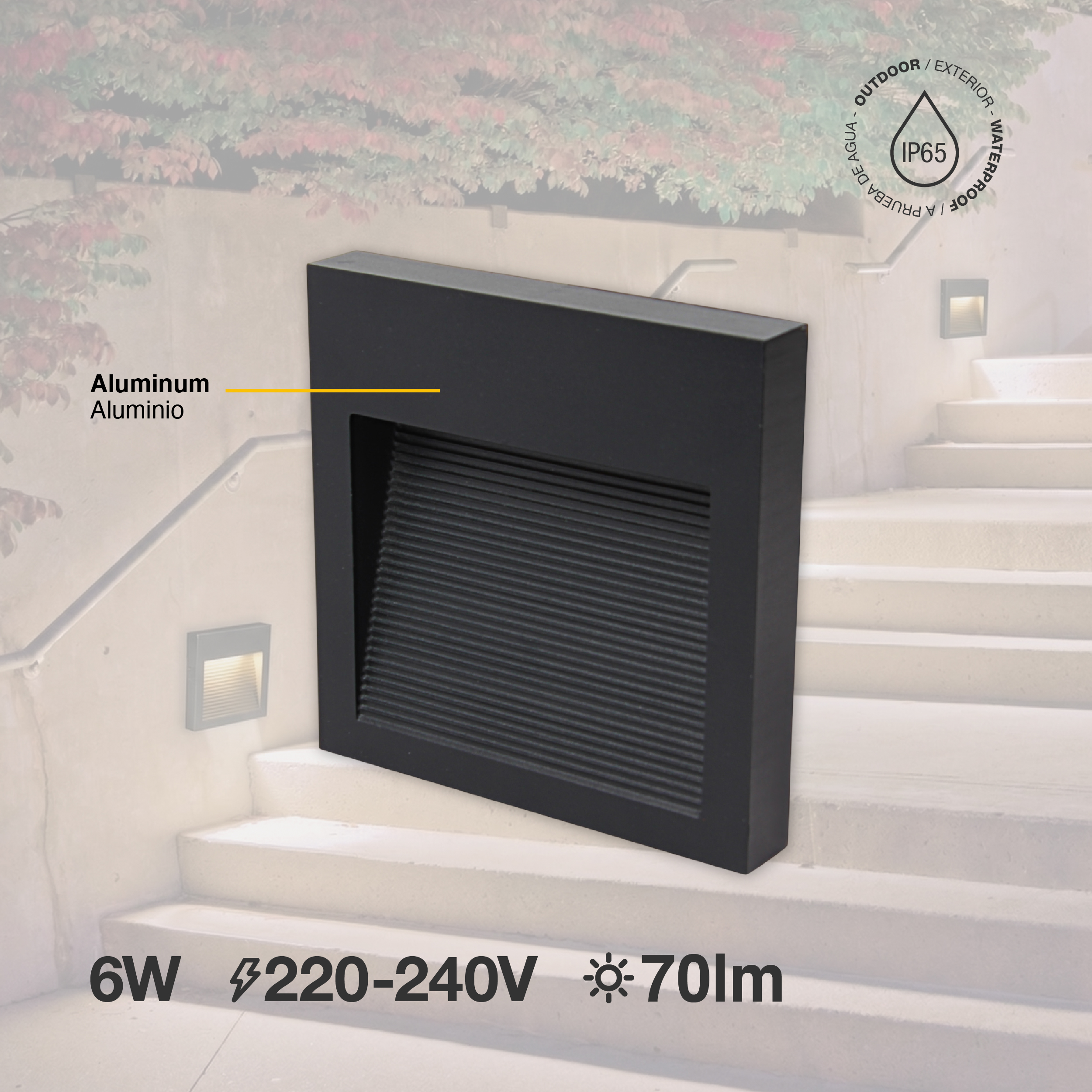 Aplique LED Exterior de Pared Cuadrado 6W IP65 Negro 12x12cm 220V Blanco Cálido