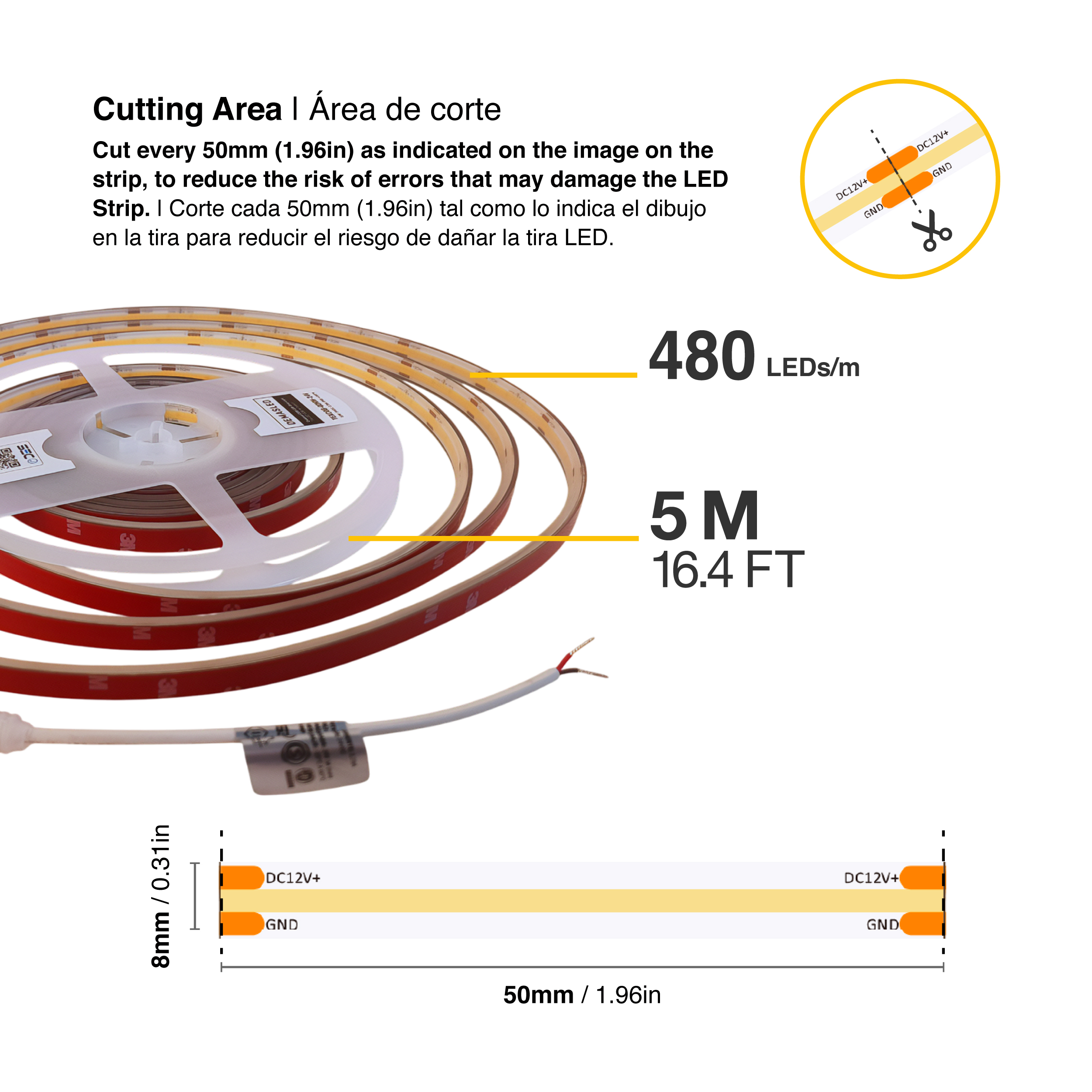 Tira LED COB 24V 11W/m Blanco Neutro 1100lm/m 480 LEDs/m 11mm IP68, 5m