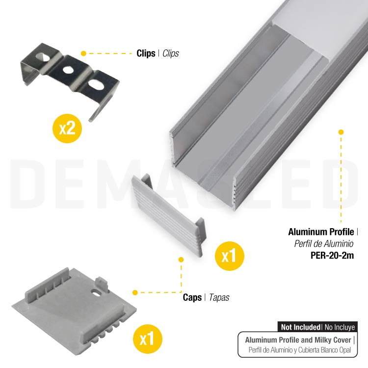 Kit de 2 tapas y 2 clips para perfil de aluminio, PER-20-2M