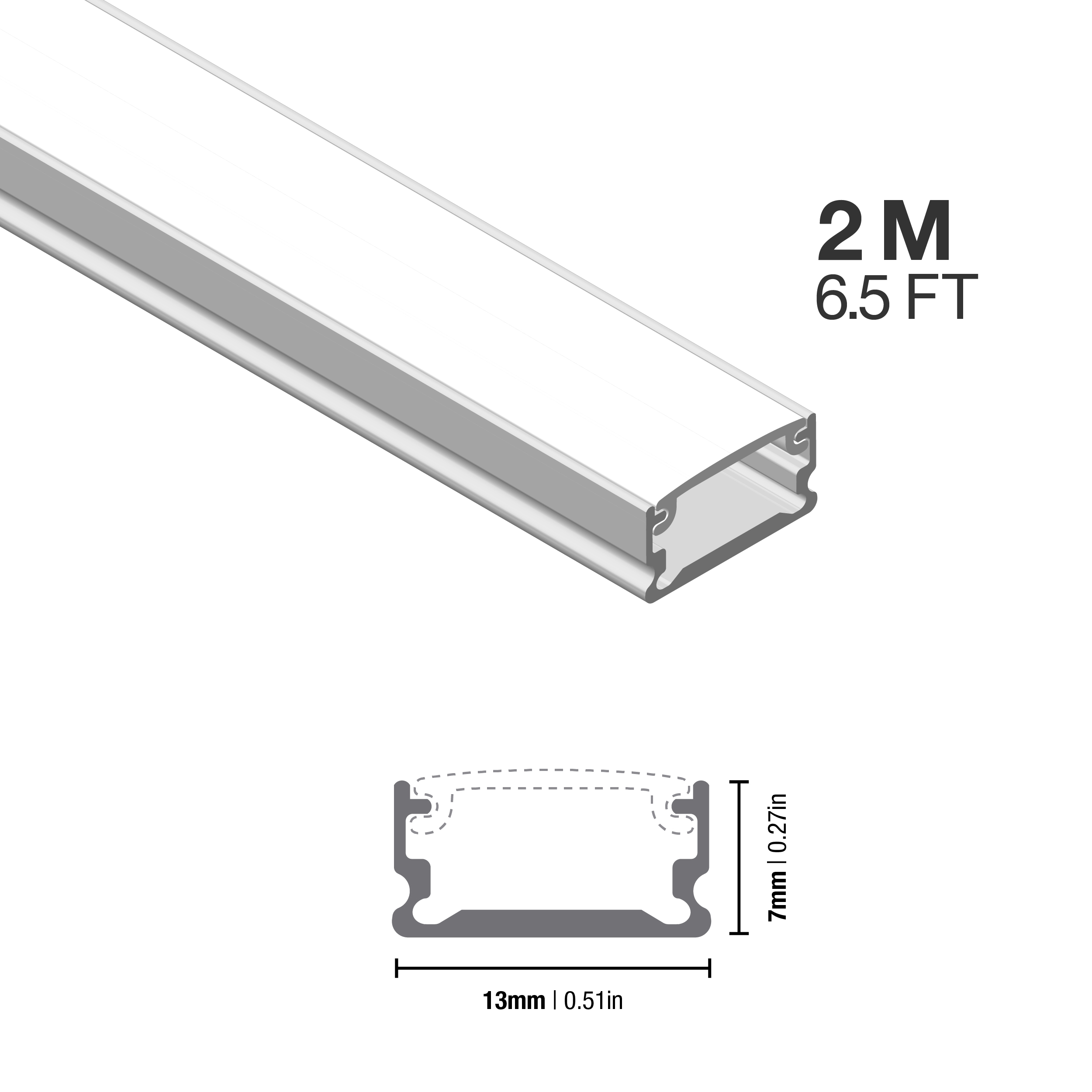 Perfil de Aluminio Flat 13x7mm Anodizado, Cover Opal Blanco x2m