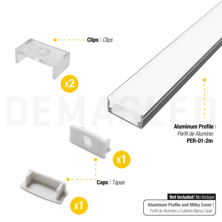 Kit de 2 tapas y 2 clips para perfil de aluminio, PER-01-2M