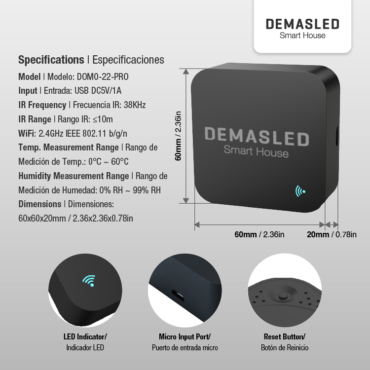 Control Remoto Smart WiFi+IR Universal con Sensor TyH 5V 433MHz 