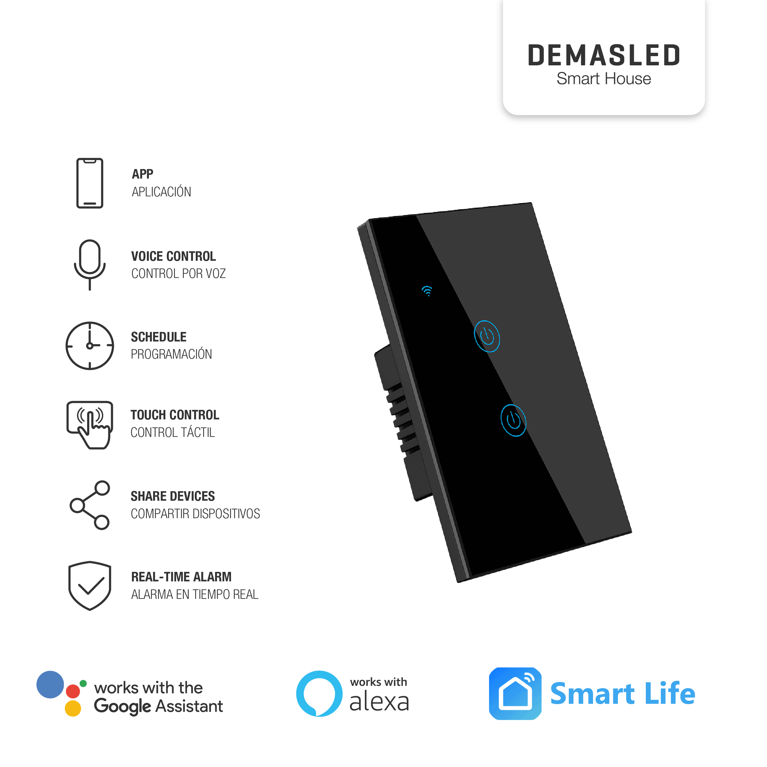 Tecla Smart de Pared Táctil 2 Canales 600W Negro