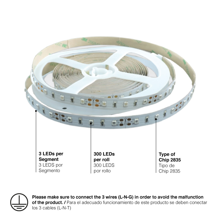 Tira LED SMD2835, 12V 12W/m, Rojo 609-622nm 360lm/m, 60 LEDs/m, 5m