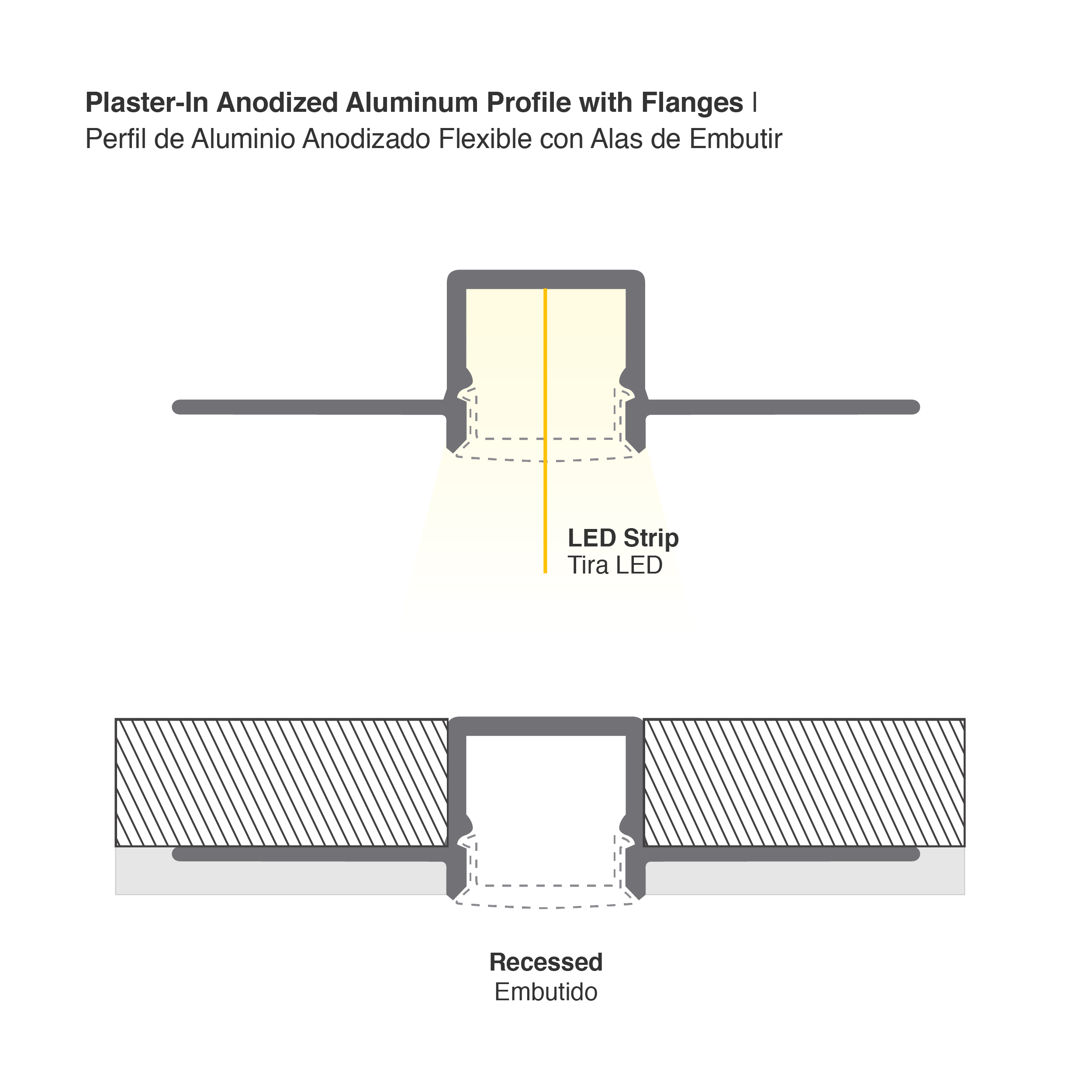 Perfil de Aluminio Flexible con Alas de Embutir 56x15mm Anodizado, Cover Opal Blanco x2m