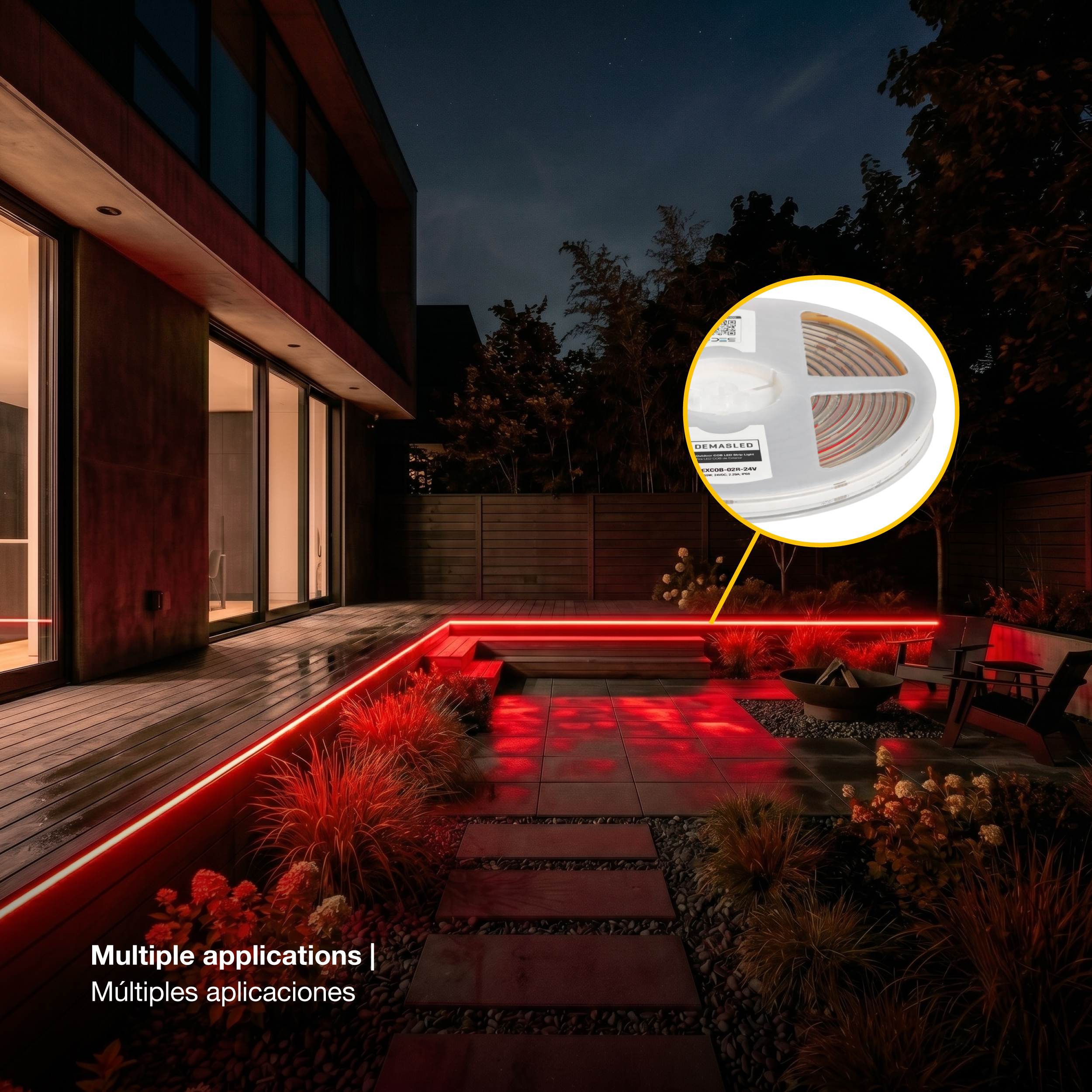 Tira LED COB 24V 11W/m Rojo 154lm/m, 8mm, IP68, 5m