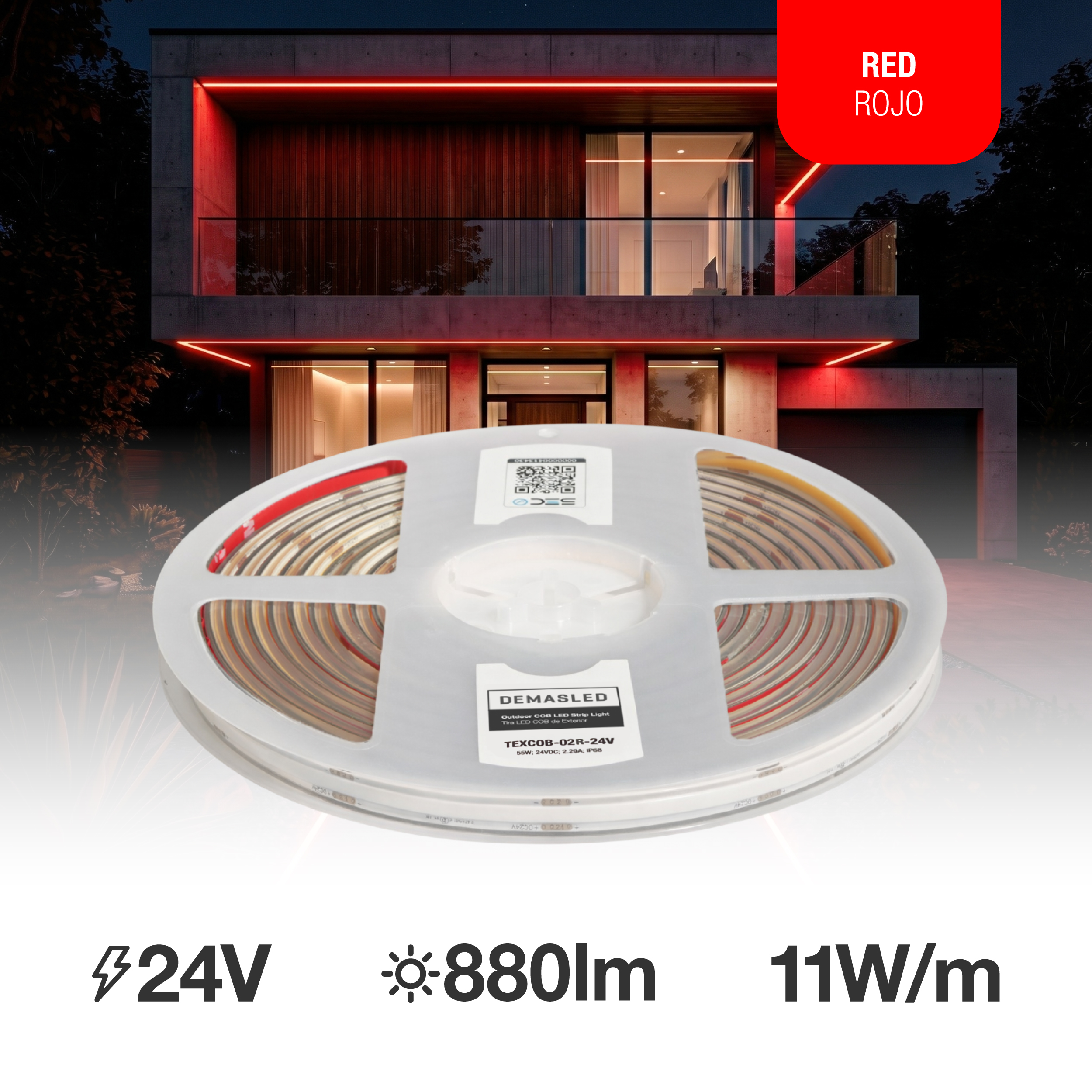 Tira LED COB 24V 11W/m Rojo 154lm/m, 8mm, IP68, 5m