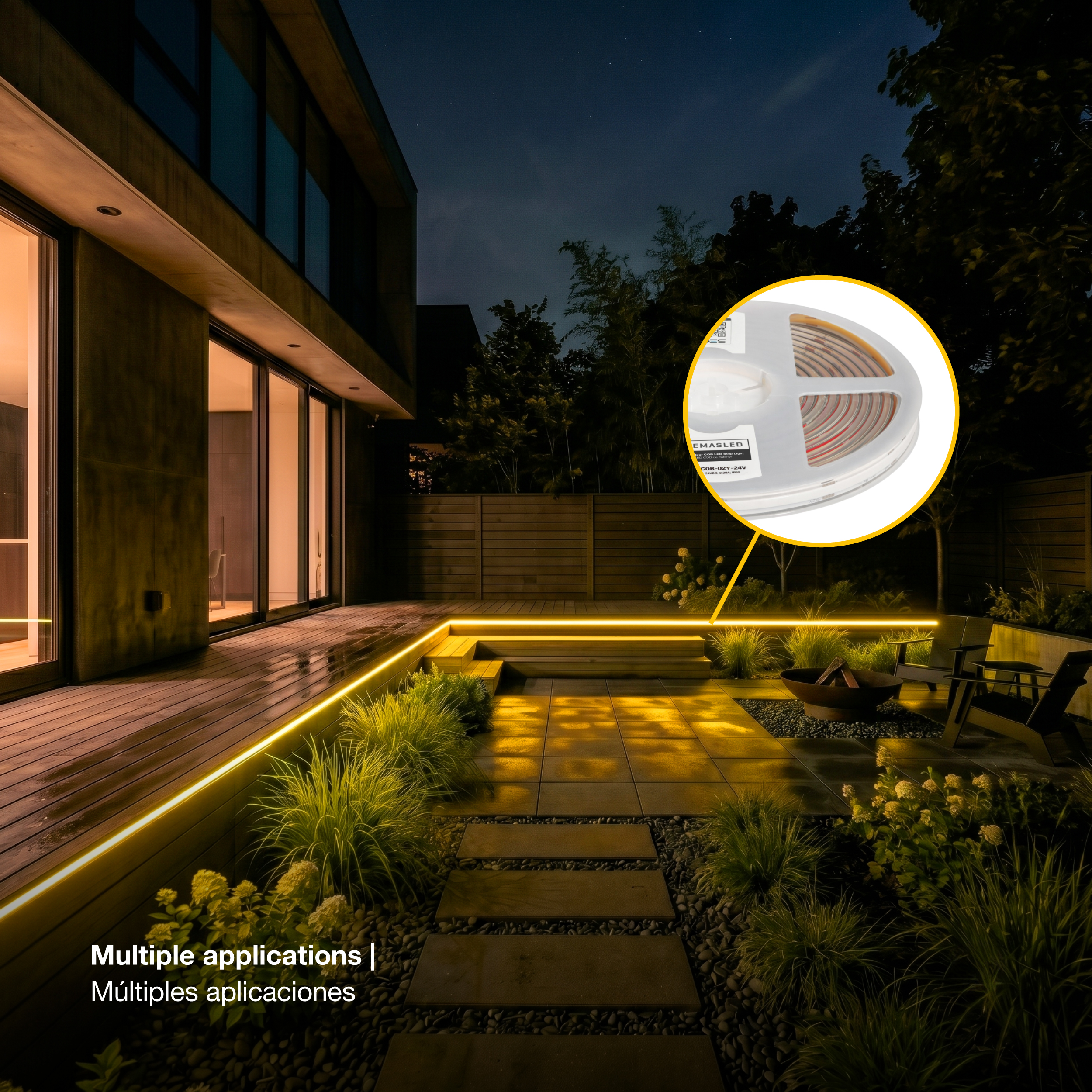 Tira LED COB 24V 11W/m Amarillo 550lm/m, 8mm, IP68, 5m