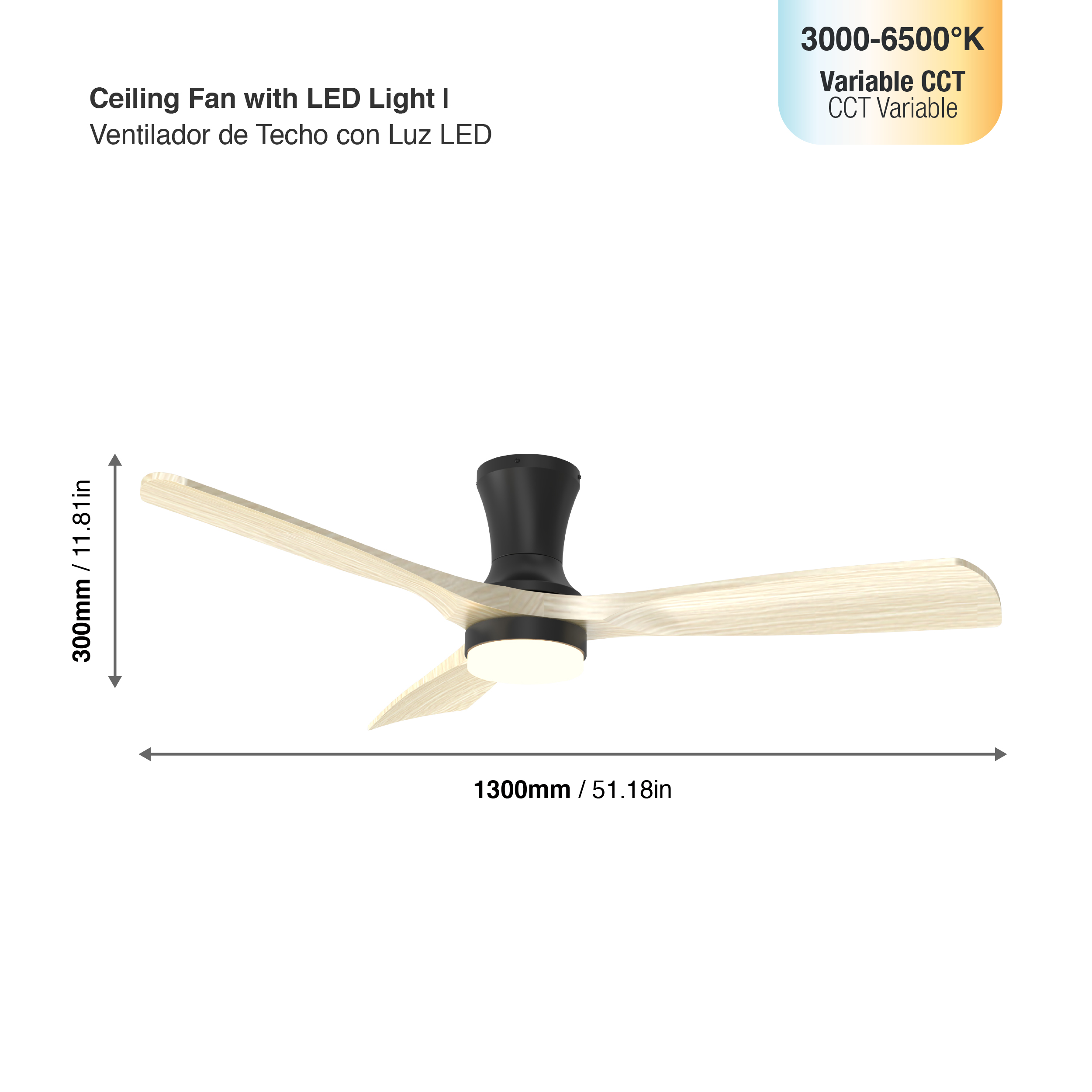 Ventilador de Techo Smart LED CCT 3000K-6000K Ø130cm Madera Clara 22W IP65 con Control Remoto