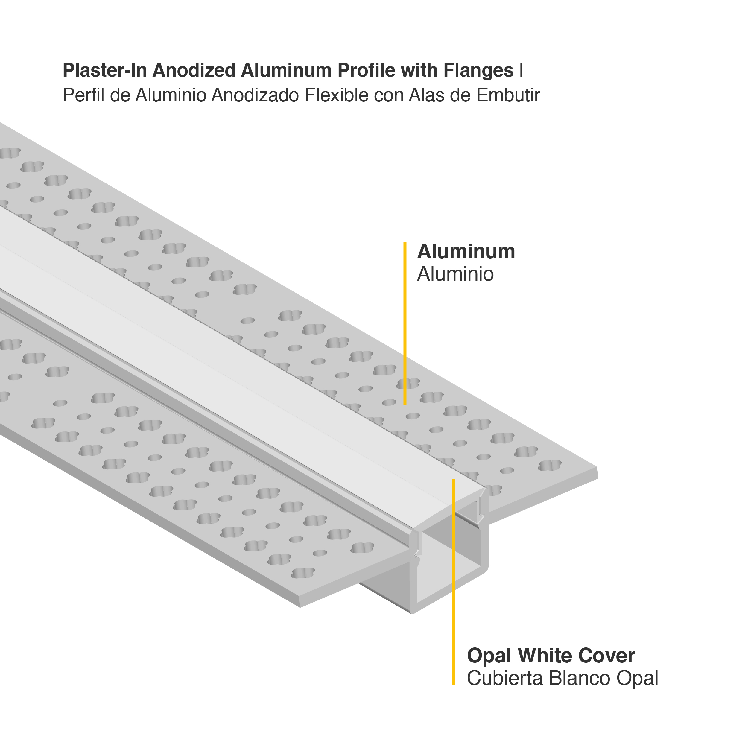 Perfil de Aluminio Flexible con Alas de Embutir 56x15mm Anodizado, Cover Opal Blanco x2m