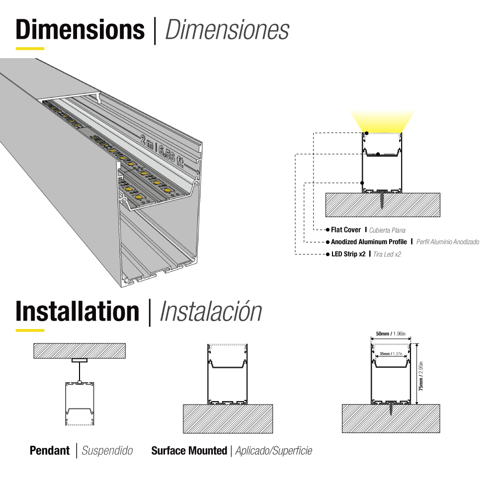 Perfil de Aluminio Linear 75x50mm Anodizado, Cover Opal Blanco x2m