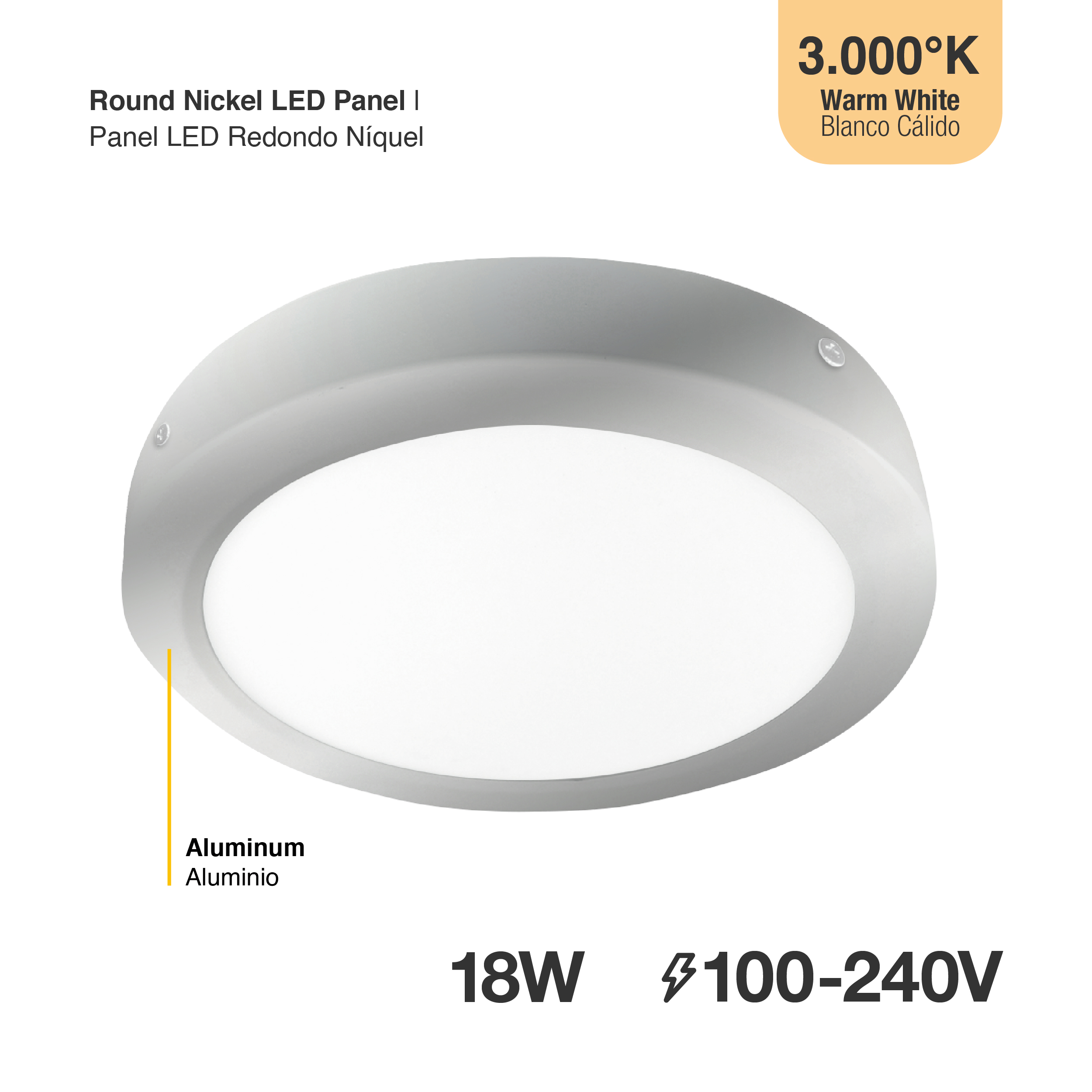 Plafón LED Redondo Níquel de 22cm 18W 1230lm Blanco Cálido, de Aplicar