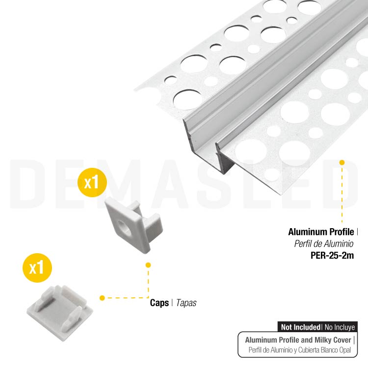 Kit de 2 tapas para perfil de aluminio drywall, PER-25-2M